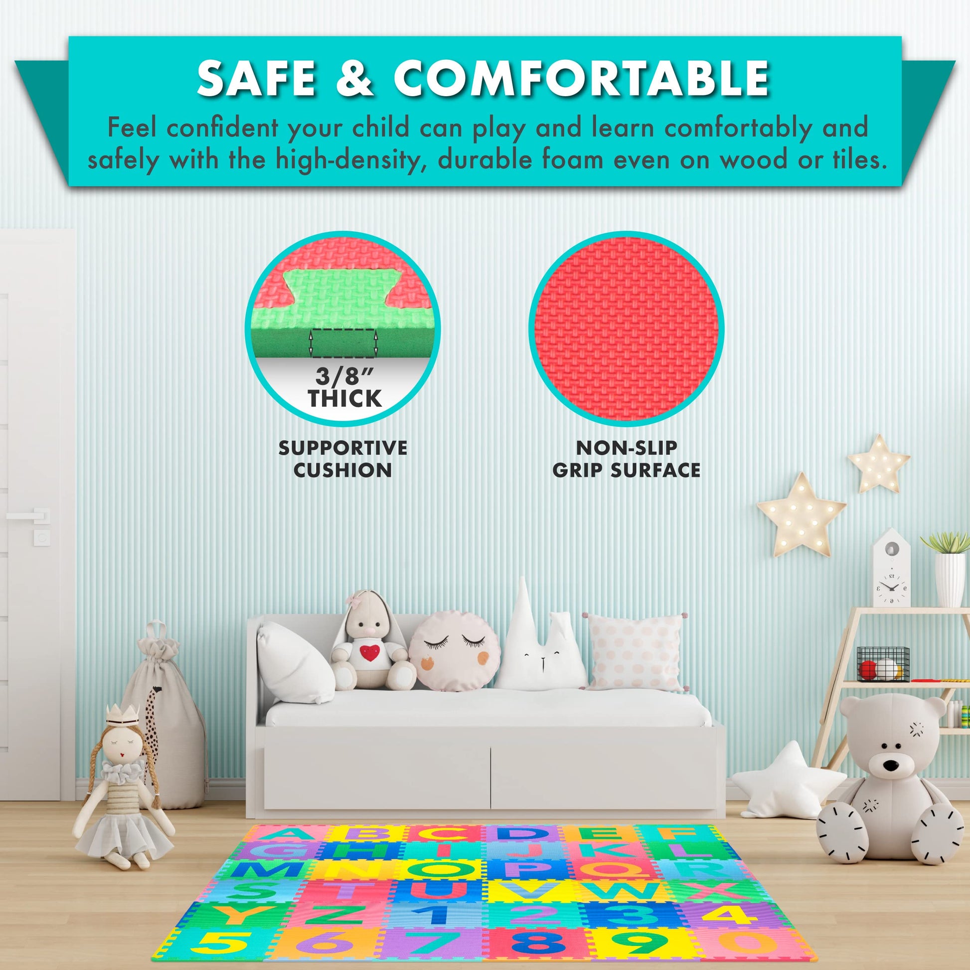 ProSource Kids Puzzle Alphabet, Numbers, 36 Tiles and Edges Play Mat, 12"x12", Abc & 123