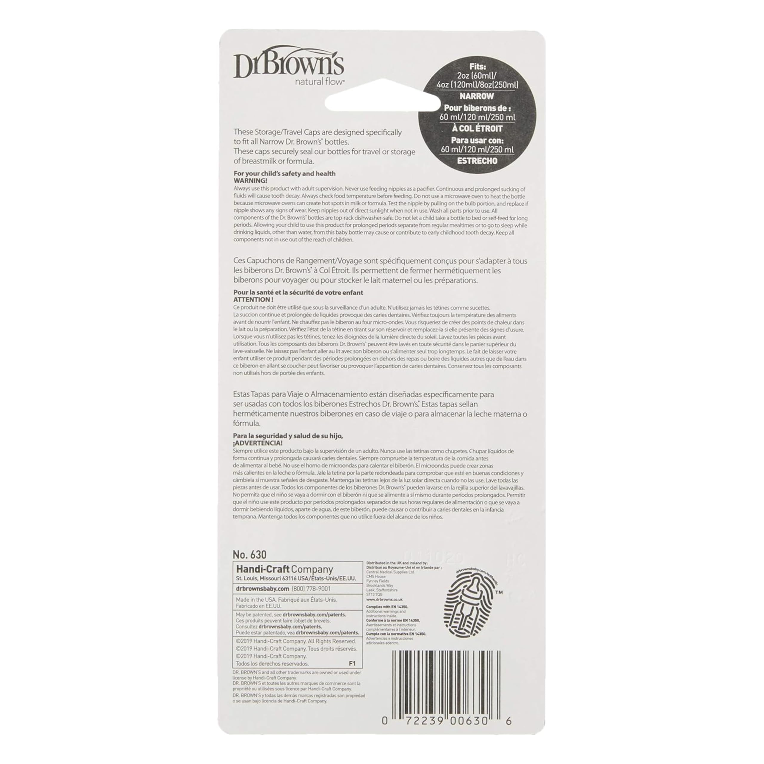 Dr. Brown's Narrow Storage/Travel Caps for Anti-colic Options+ Baby Bottles, fits 8 oz/250 mL and 4 oz/120mL, BPA-Free, 3-Pack