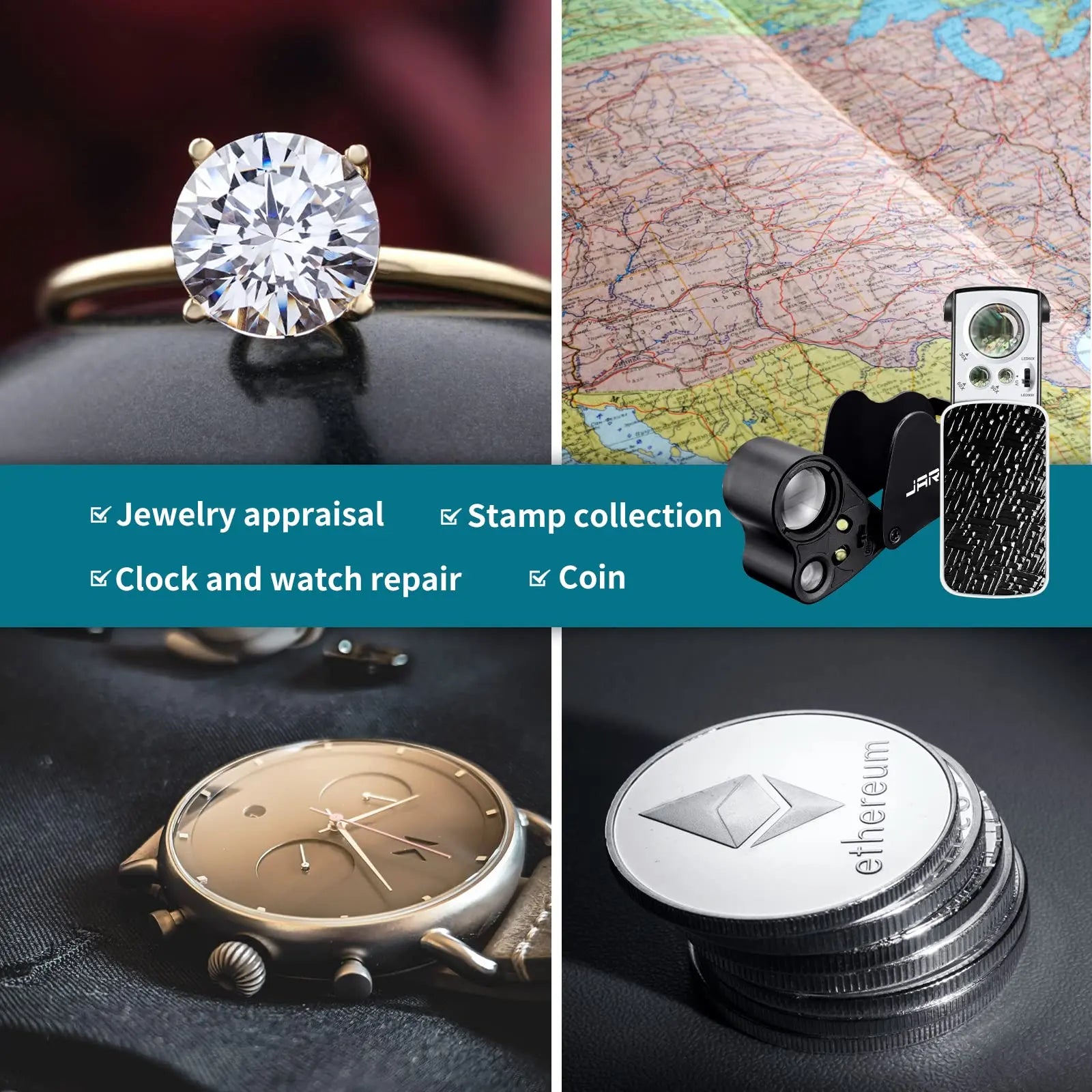 JARLINK 2 Pack Jewelers Loupe, 30X 60X 90X Illuminated Jewelers Eye Magnifier and Magnifying Glass Loop with UV Black Light and Bright LED Light for Gems, Jewelry, Diamond, Coins, Stamps (Black)