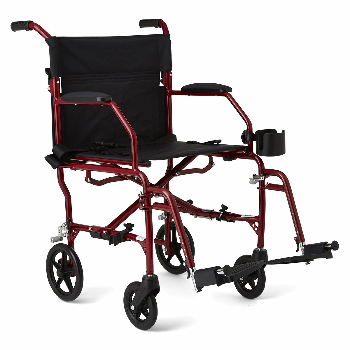 Medline Ultraleichter Transport-Rollstuhl für Erwachsene, faltbar, 19 Zoll Sitzbreite, roter Rahmen, schwarze Polsterung
