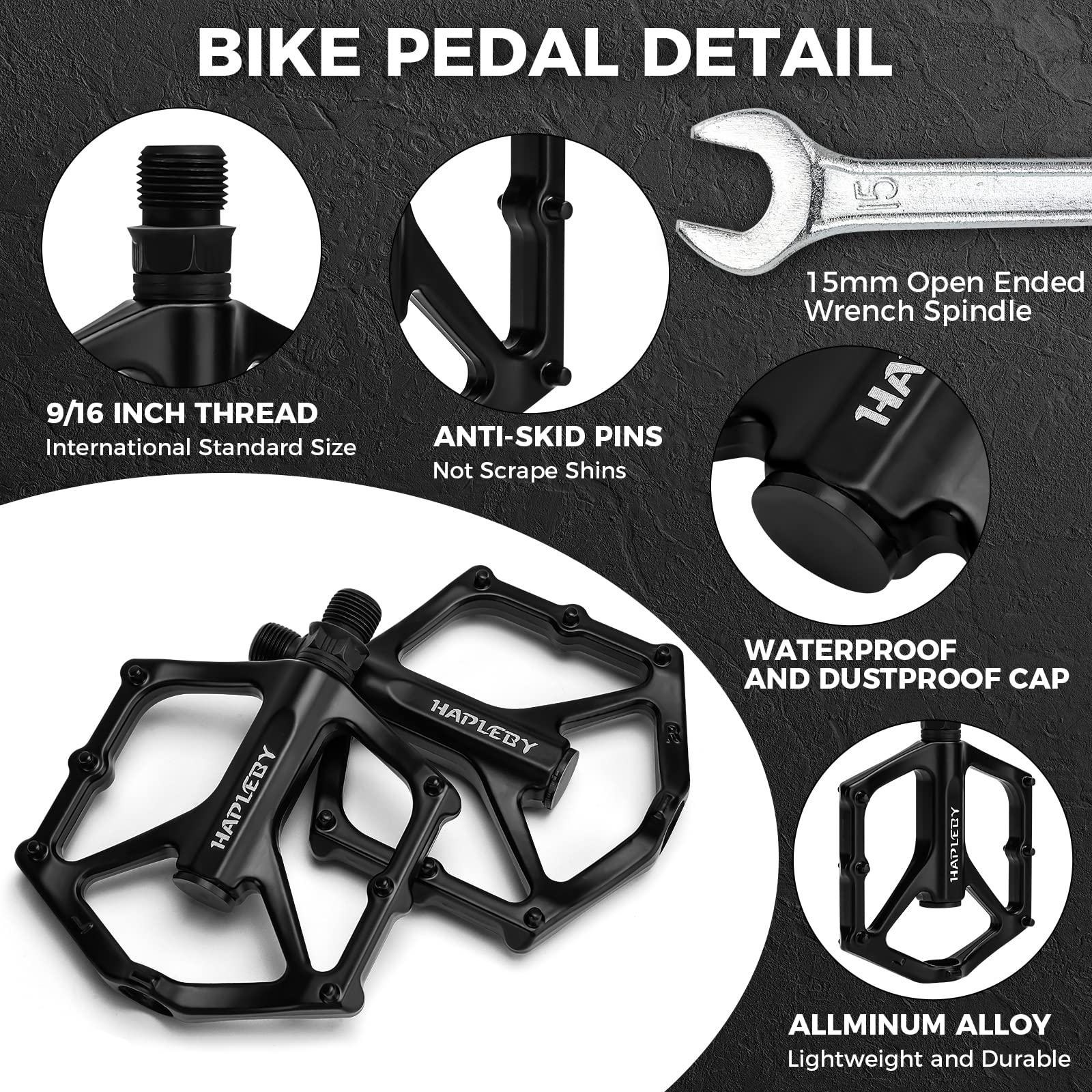Hapleby Premium Bike Pedals of 9/16 Inch, Professional Mountain and Road Bike Flat Pedal with 2 Sealed Bearings, Wide Paltform and Lightweight of Bicycle Pedals, Come with Pedal Wrench 1PCS