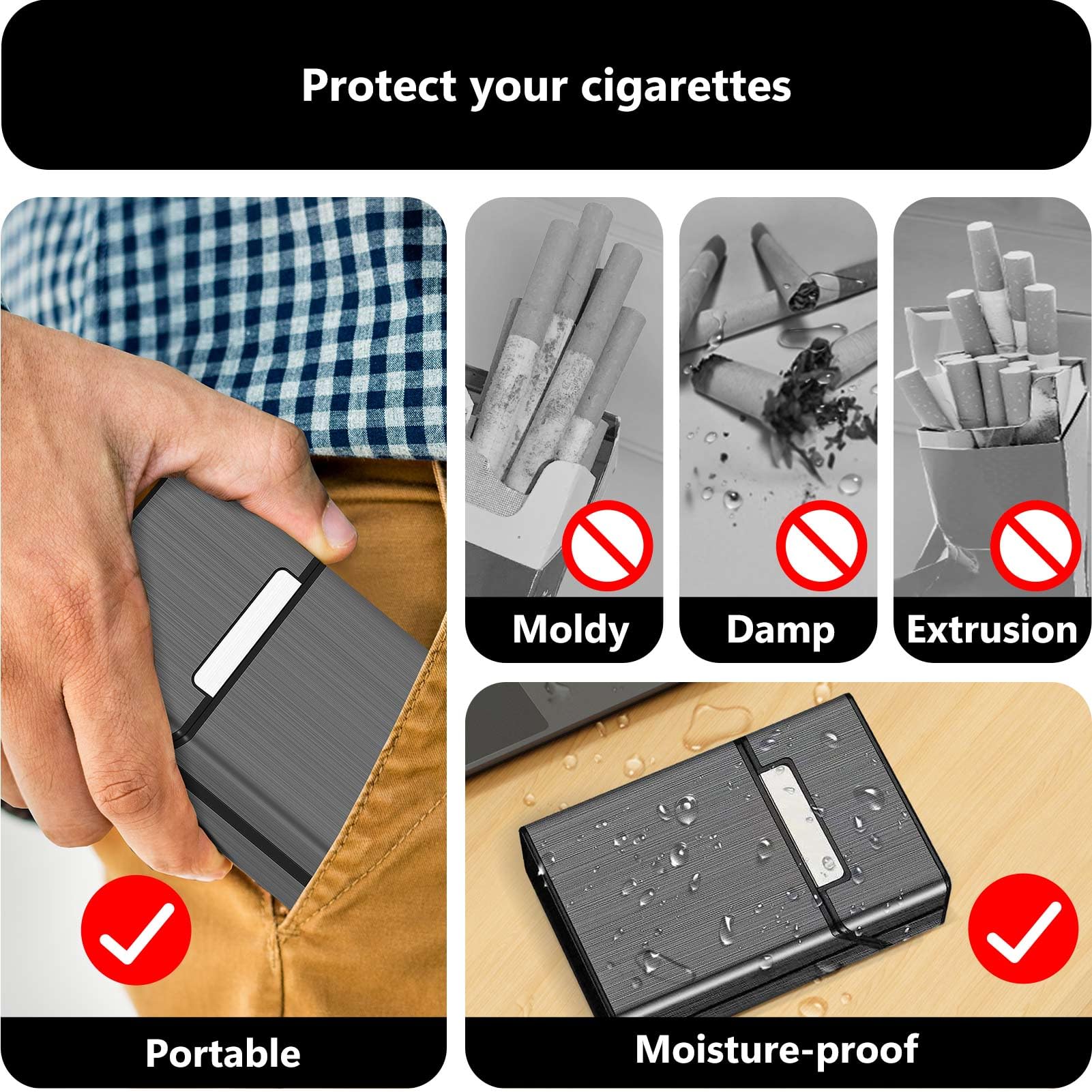 roygra Cigarette Case (2 Pack), Magnetic Switch 20pcs Cigarette Holder Case for Men Women, Cigarettes Smoking Accessories, Metal and Plastic Box for Smoke (Gray + Silver, 85mm King Size)