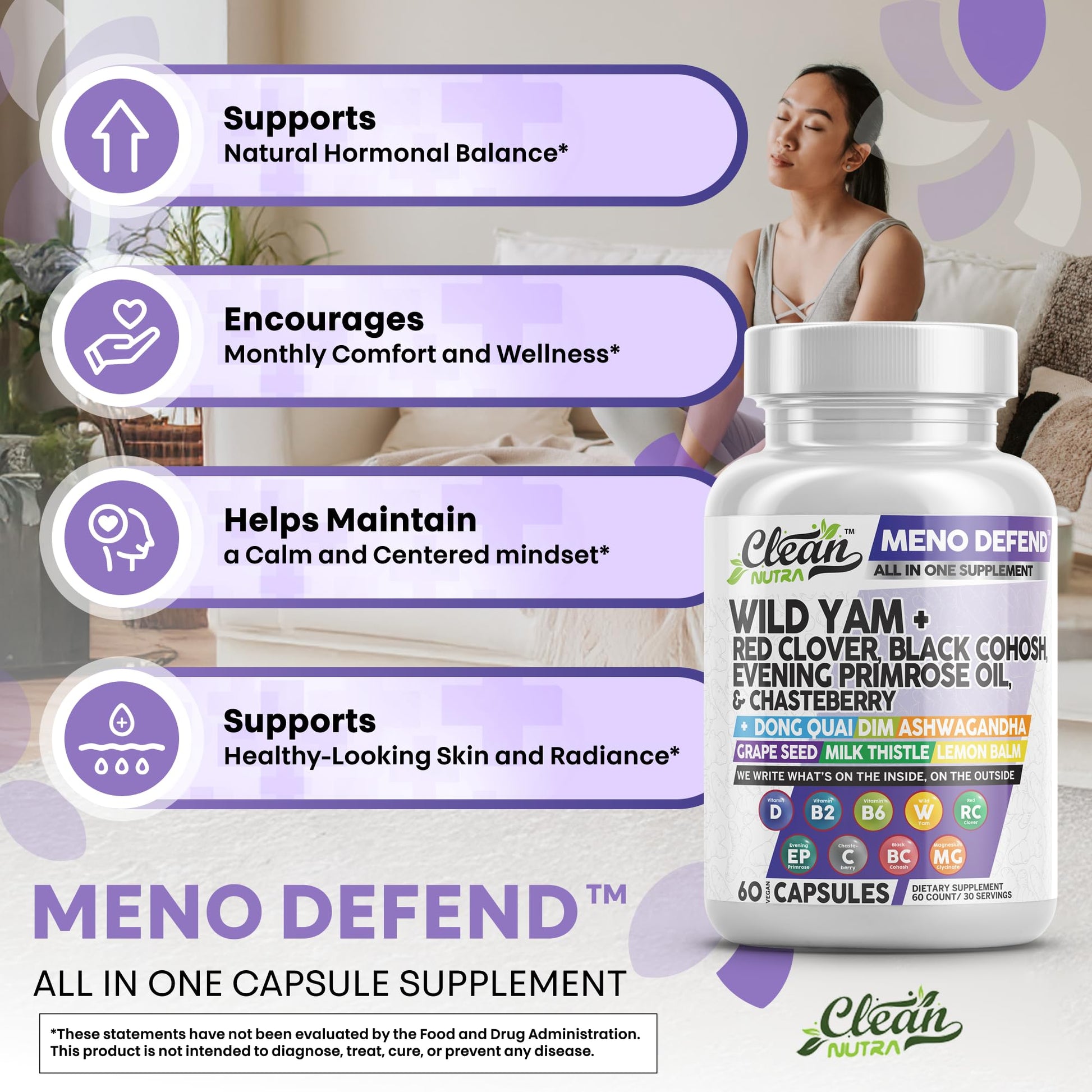 Clean Nutra Wild Yam Root Capsules with Red Clover Black Cohosh Evening Primrose Oil Chasteberry Dong Quai DIM Ashwagandha Grape Seed Extract Milk Thistle Lemon Balm and more Hormone Balance For Women