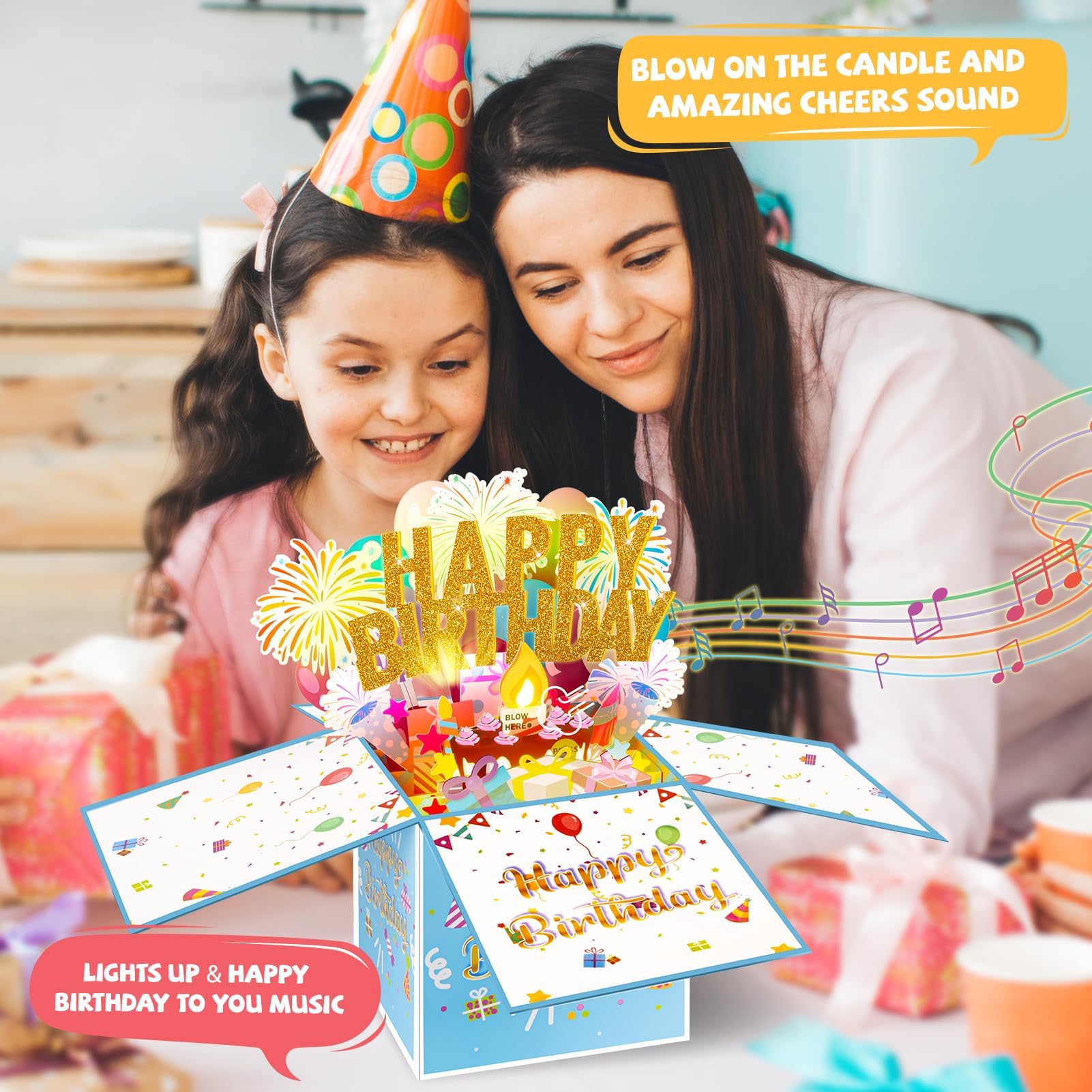 Large Pop Up Birthday Cards with Blowable Lights and Music,1-100 Ages Funny Happy Birthday Cards 3D Greeting Cards Special Birthday Gifts for Kids Teens Women Men Son Daughter