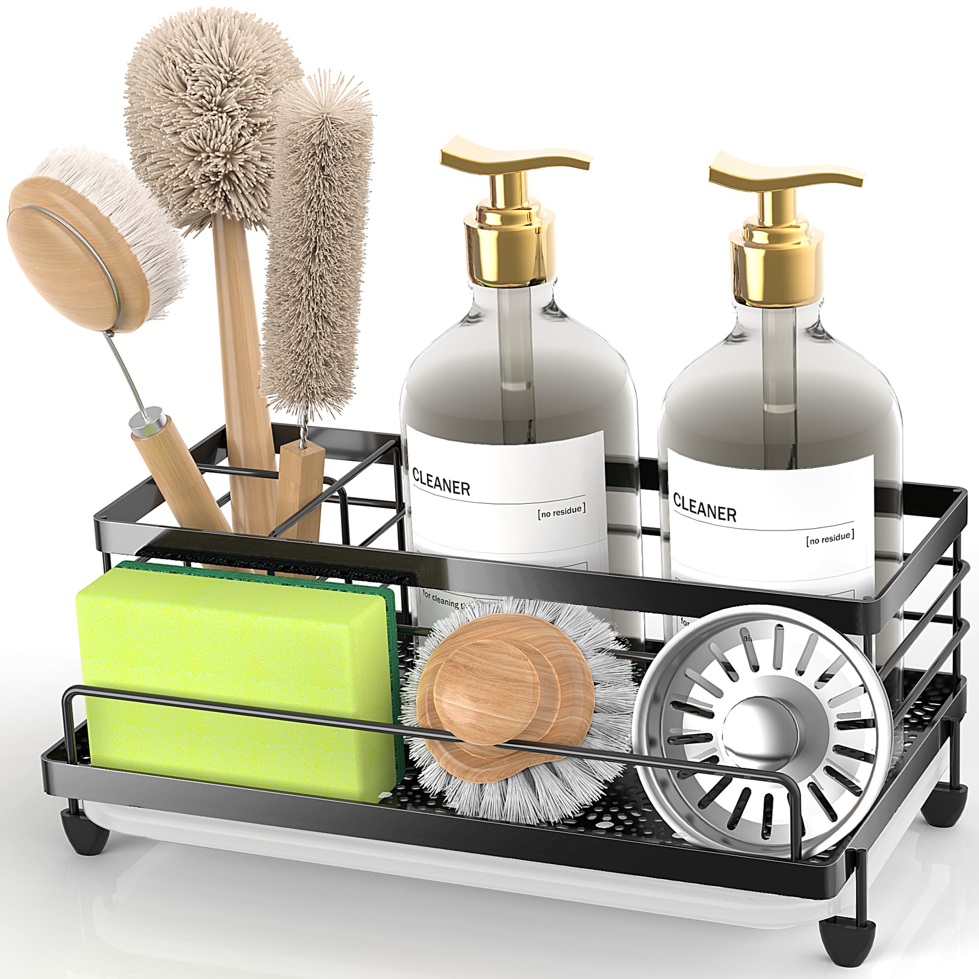 Cisily Large Black Sponge Holder for Kitchen, Sink Caddy Sink Organizer Rack for Kitchen Accessories with Drip Tray, Rustproof and Non-slip, Soap Dispenser Countertop Organizer Essentials for New Home