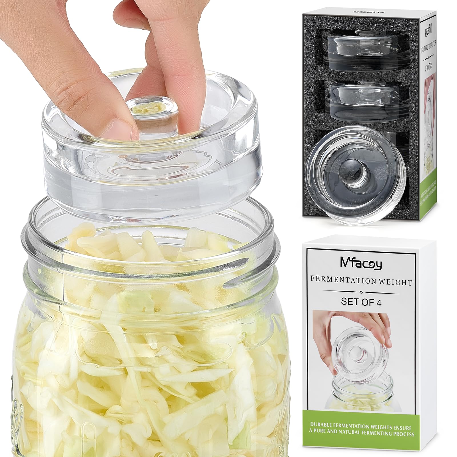 MFacoy 4-Pack of Fermentation Glass Weights with Easy Grip Handle for Great Wide Mouth Canning Mason Jars, Pickling Sourkrout Kraut Glass Weight Fermentation Kit with Easy Grip Handle, Dishwasher Safe