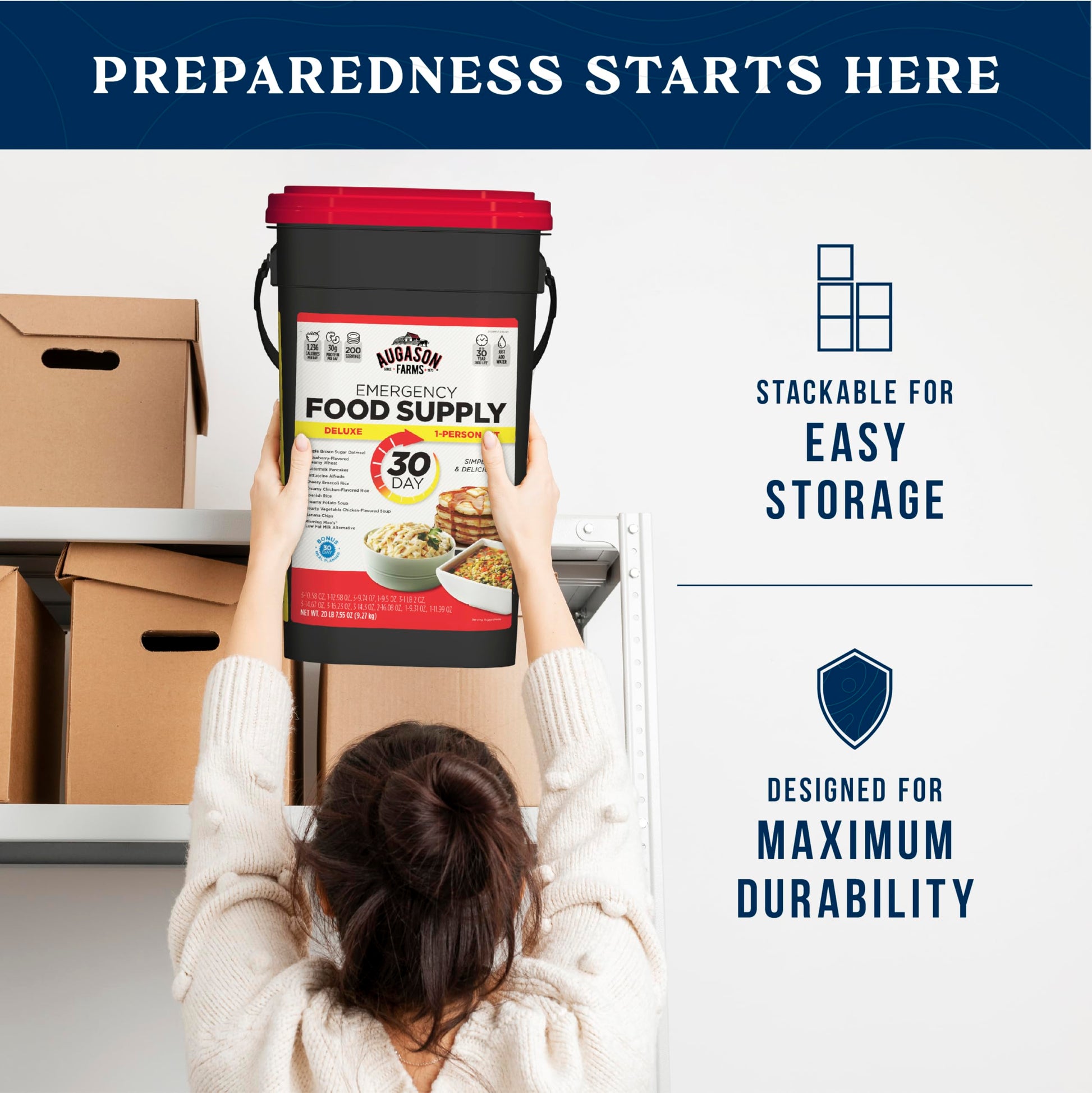AUGASON FARMS Emergency Food Supply Bucket, 200 Servings, Dehydrated Meal Kit, Variety Pail, Long Shelf Life Just-Add-Water Meals for Prepping, Disaster Survival, Camping, Hiking, and More