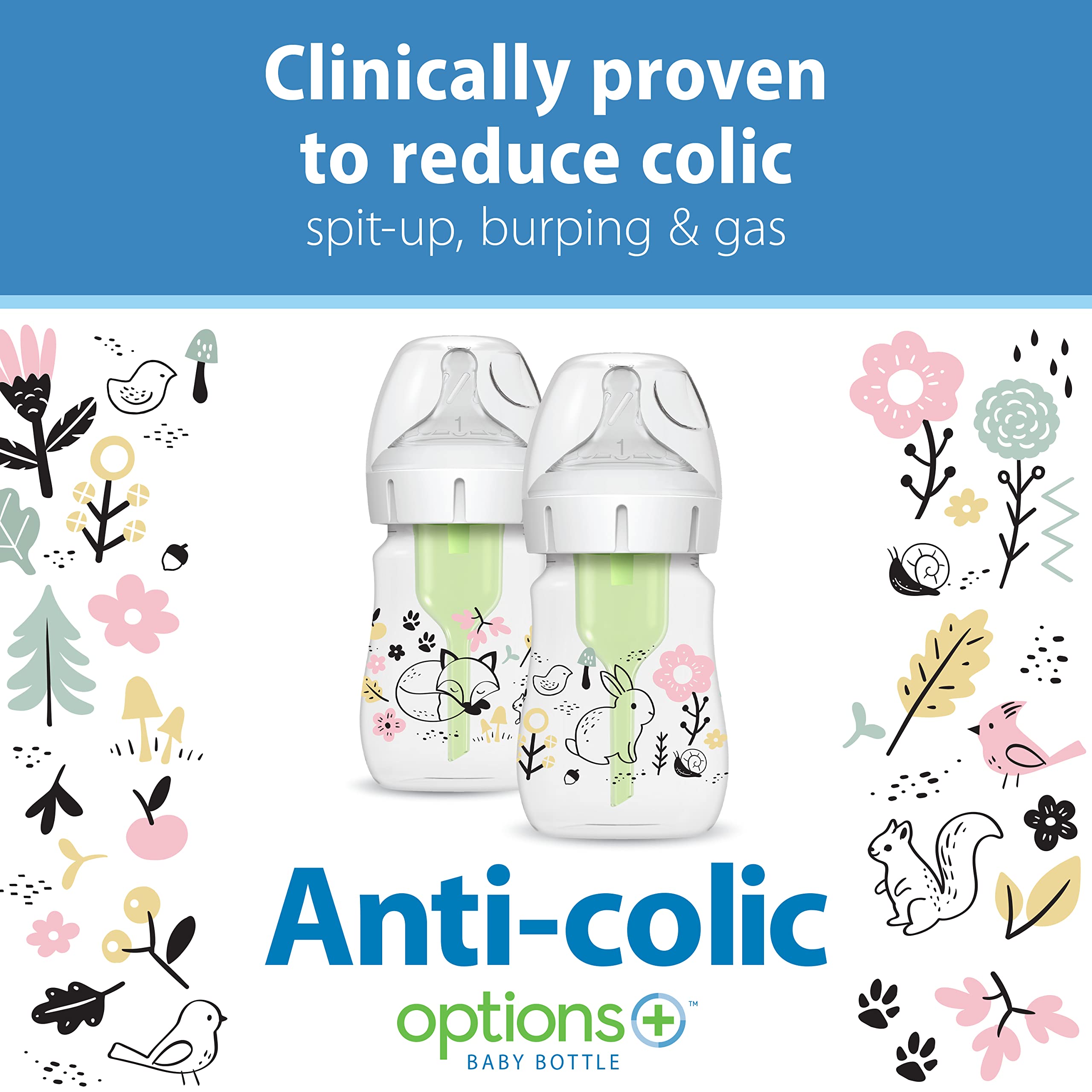 Dr. Brown’s Natural Flow Anti-Colic Options+ Wide-Neck Baby Bottle Designer Edition Bottles, Woodland Decos, 5 oz/150 mL, Level 1 Nipple, 2-Pack, 0m+