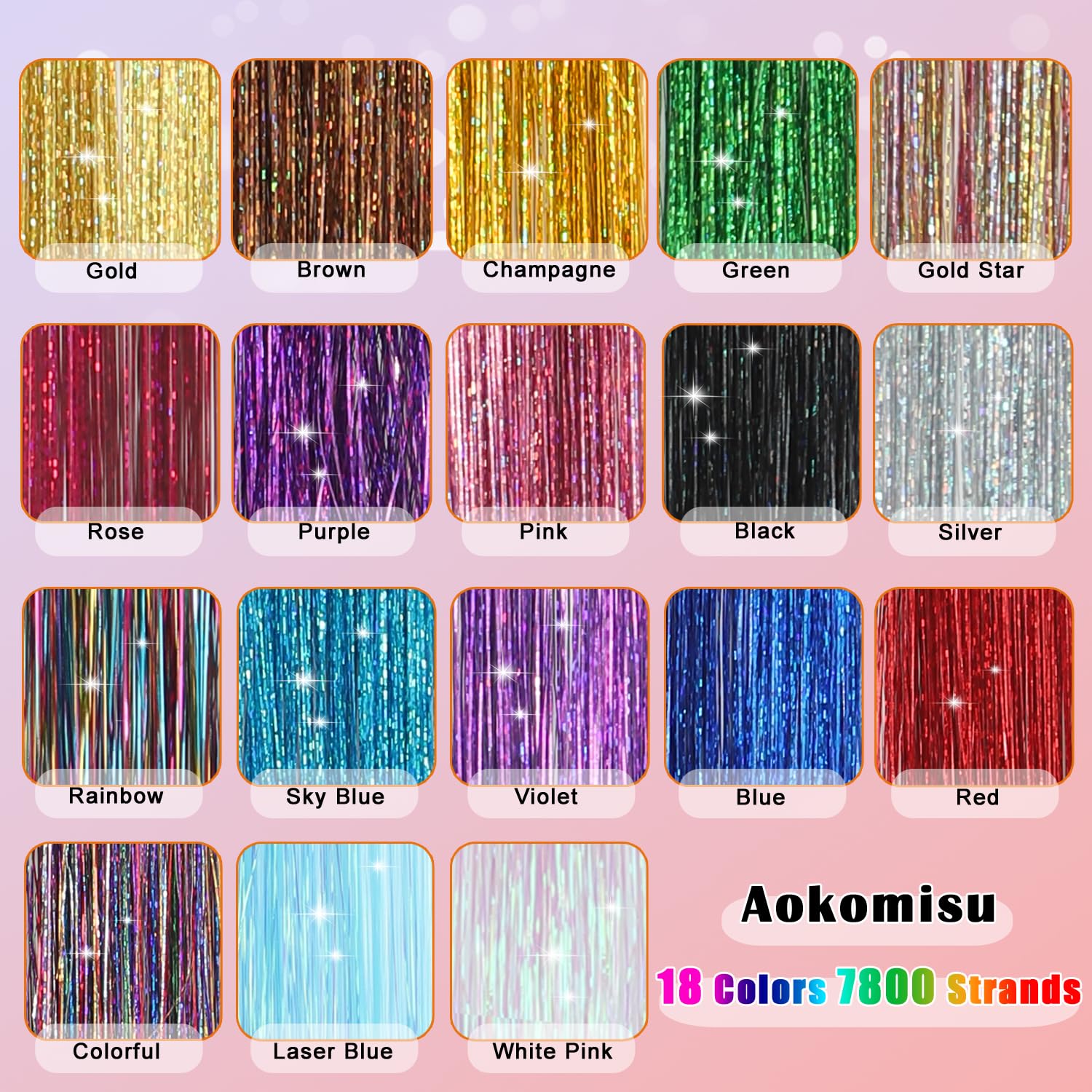 Aokomisu Hair Tinsel, 18 Colors 7800 Strands 48 Inch Glitter Tinsel Hair Extensions Kit Heat Resistant Daily Use Festivals Shiny Fairy Hair Accessories for Girls Kids Women (18 Colors)