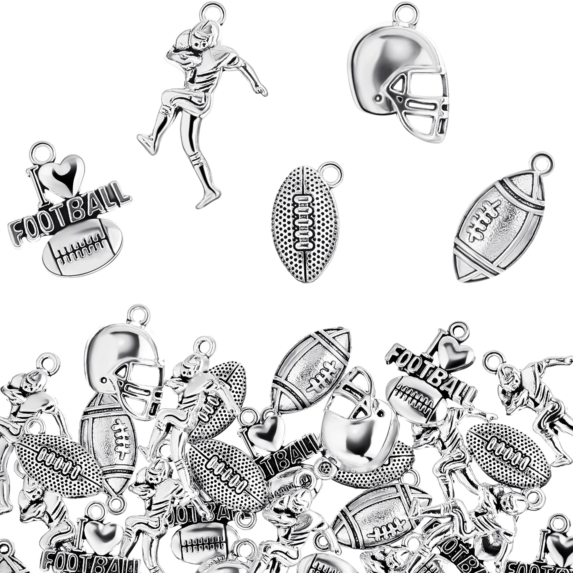 Blulu 70 Pcs Football Charms Mixed Silver Football Player's Bat Beads Pendants Necklace Crafting Sport Charms Jewelry Making Findings Accessory DIY Necklace Bracelet