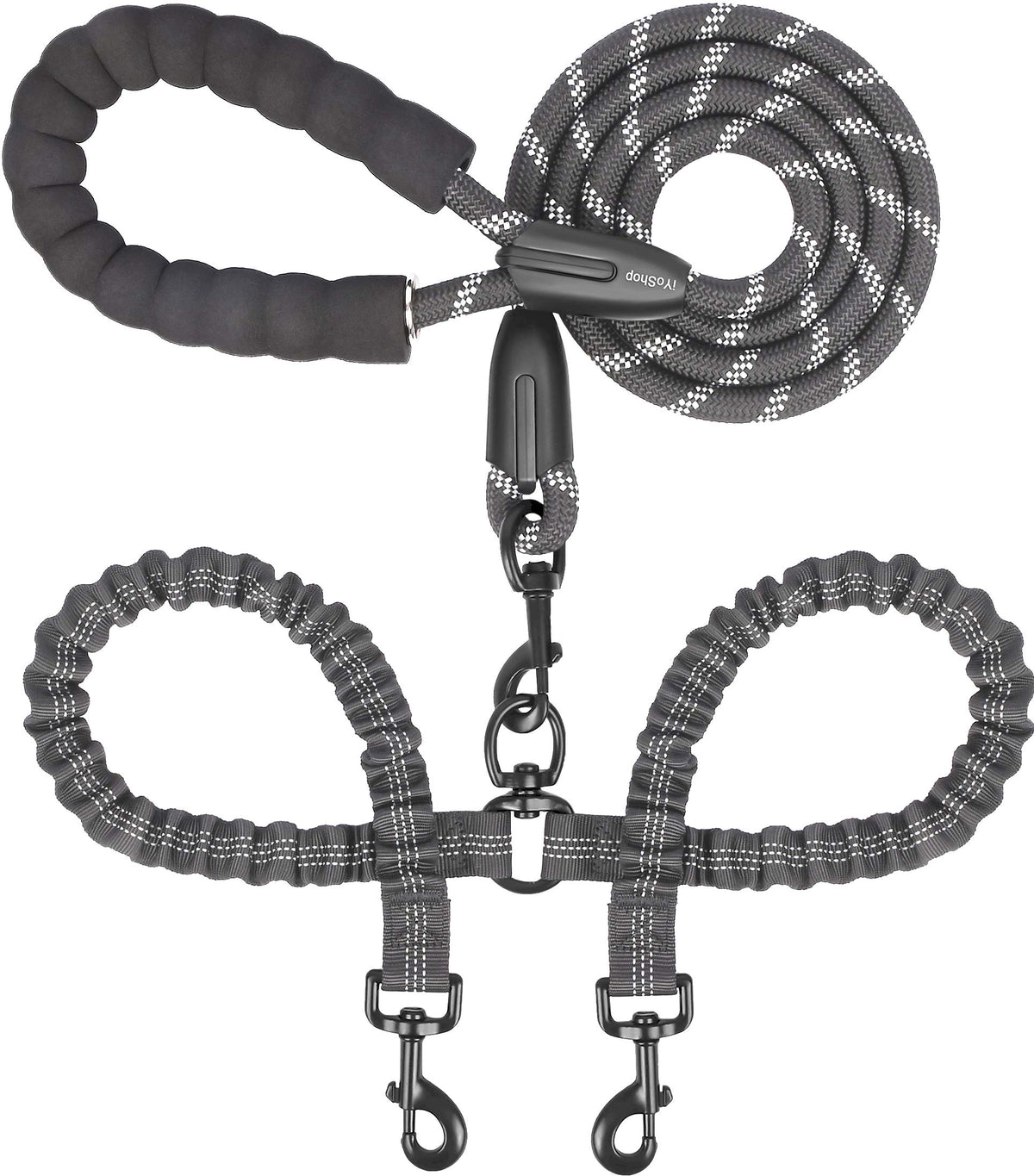 iYoShop Dual Dog Leash - 360 degrees Swivel, No Tangle Walking Leash with Shock Absorbing Bungee for Two Dogs (Large, 25-150 lbs, Black)