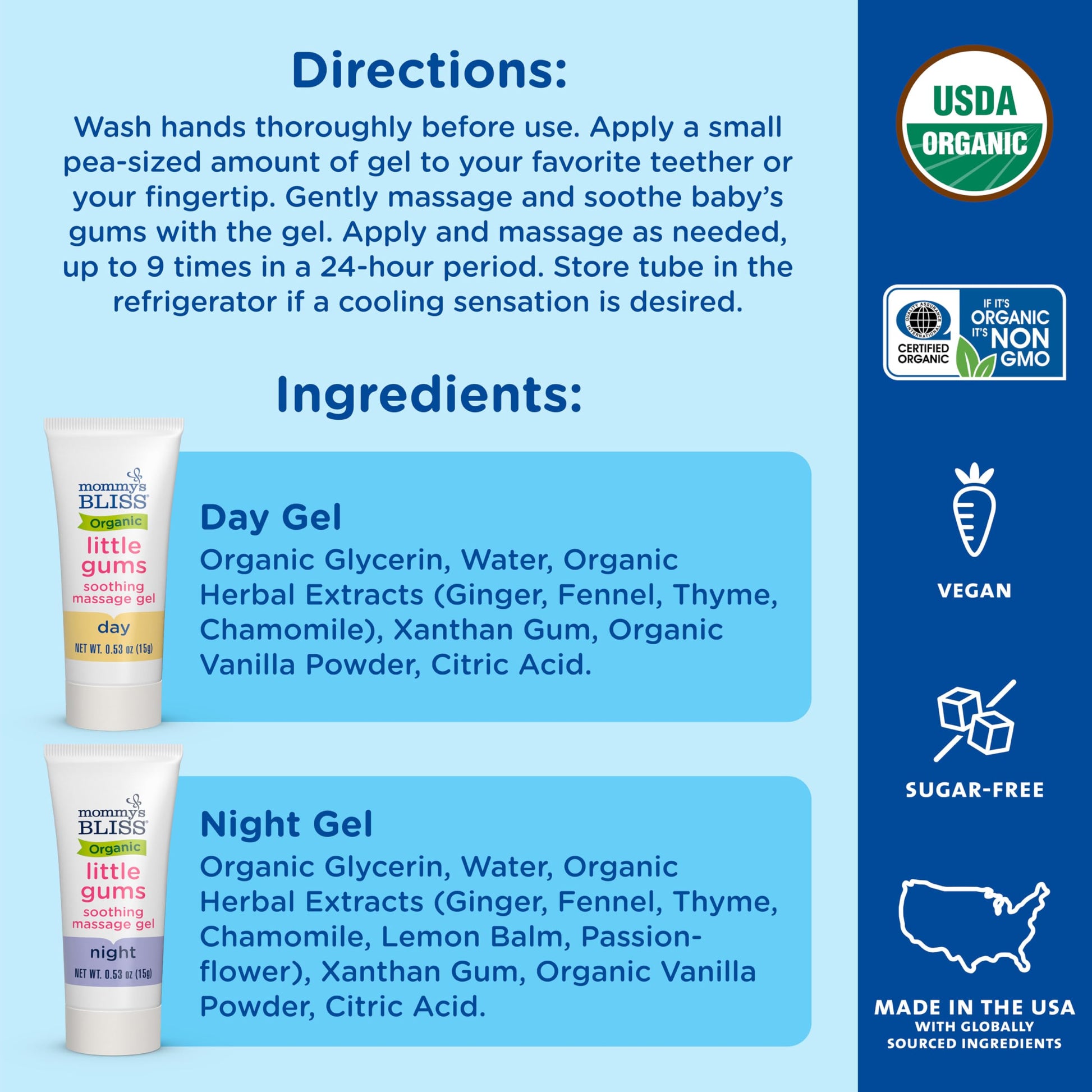 Mommy's Bliss Organic Little Gums Soothing Massage Gel Day and Night Combo, Great for Teething Babies, Age 2 Months+, Sugar Free, Mild & Sweet Flavor, 2 - 0.53 Oz Tubes (Pack of 1)