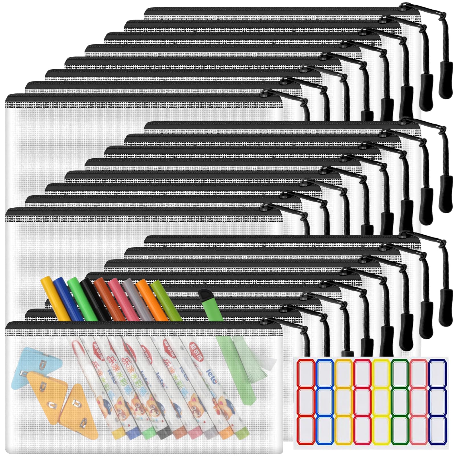 YOPCDJ 24 Pack Mesh Zipper Pouch Bags Small, Zipper Pencil Pouches, 9.2 x 4.7 in Clear Pencil Pouch Bulk, Pencil Bags with Zipper for Travel Storage, Black