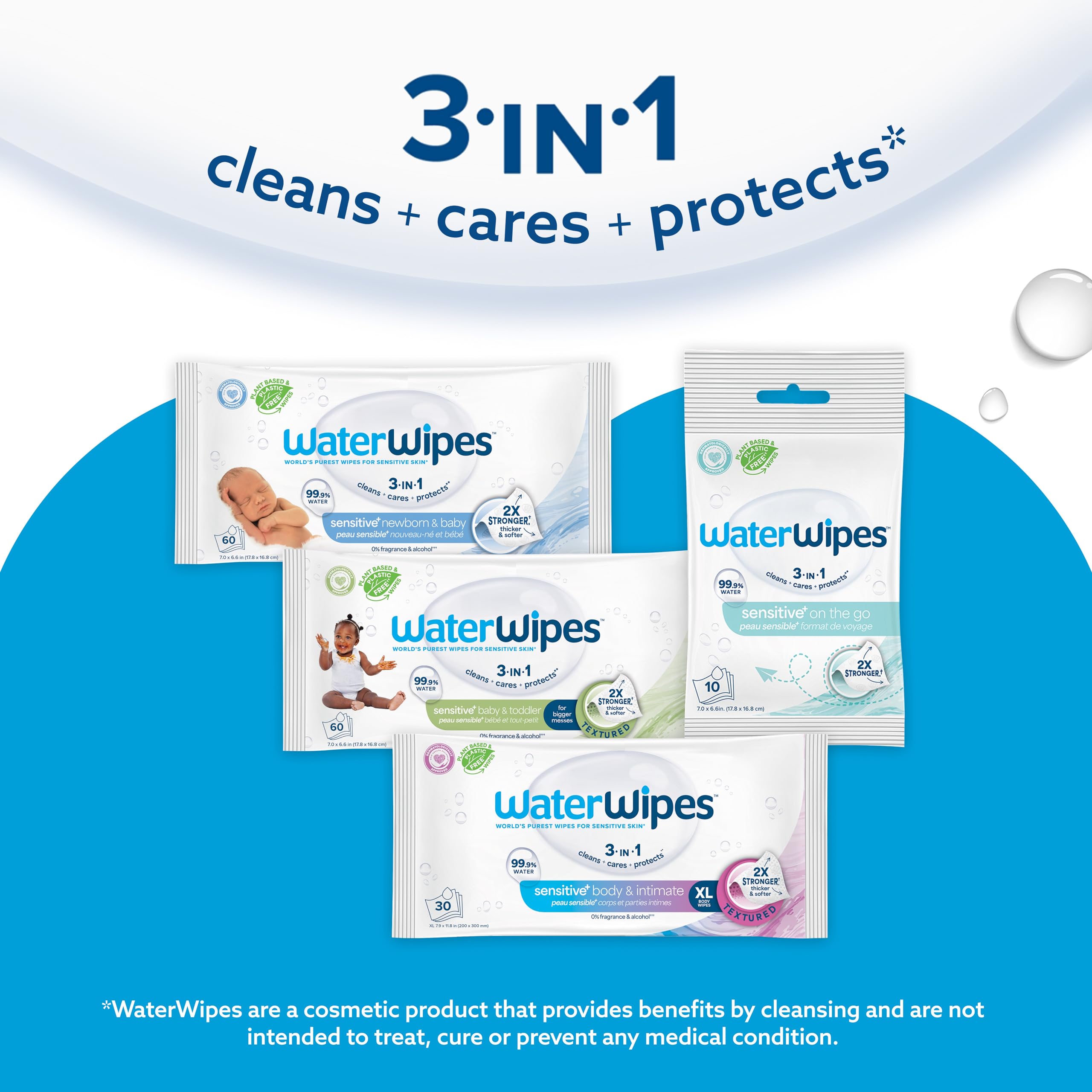 WaterWipes Sensitive+ Baby & Toddler Wipes, 3-In-1 Cleans, Cares, Protects, 99.9% Water, Textured Clean, Unscented & Hypoallergenic, 540 Count (Pack of 9)