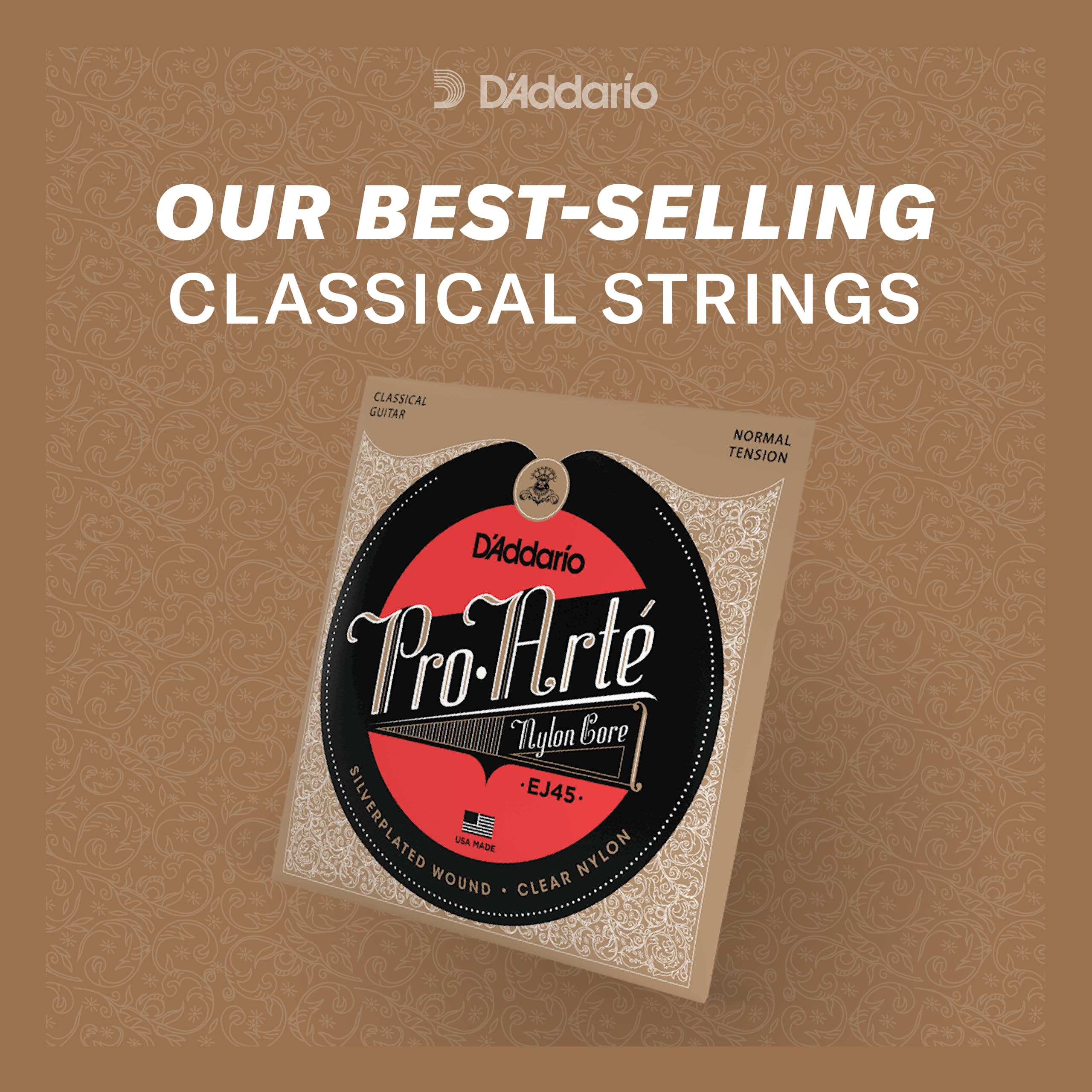 D'Addario Pro Arté Nylon Classical Guitar Strings, EJ45, Normal Tension, 6-String Set, Pack of 1