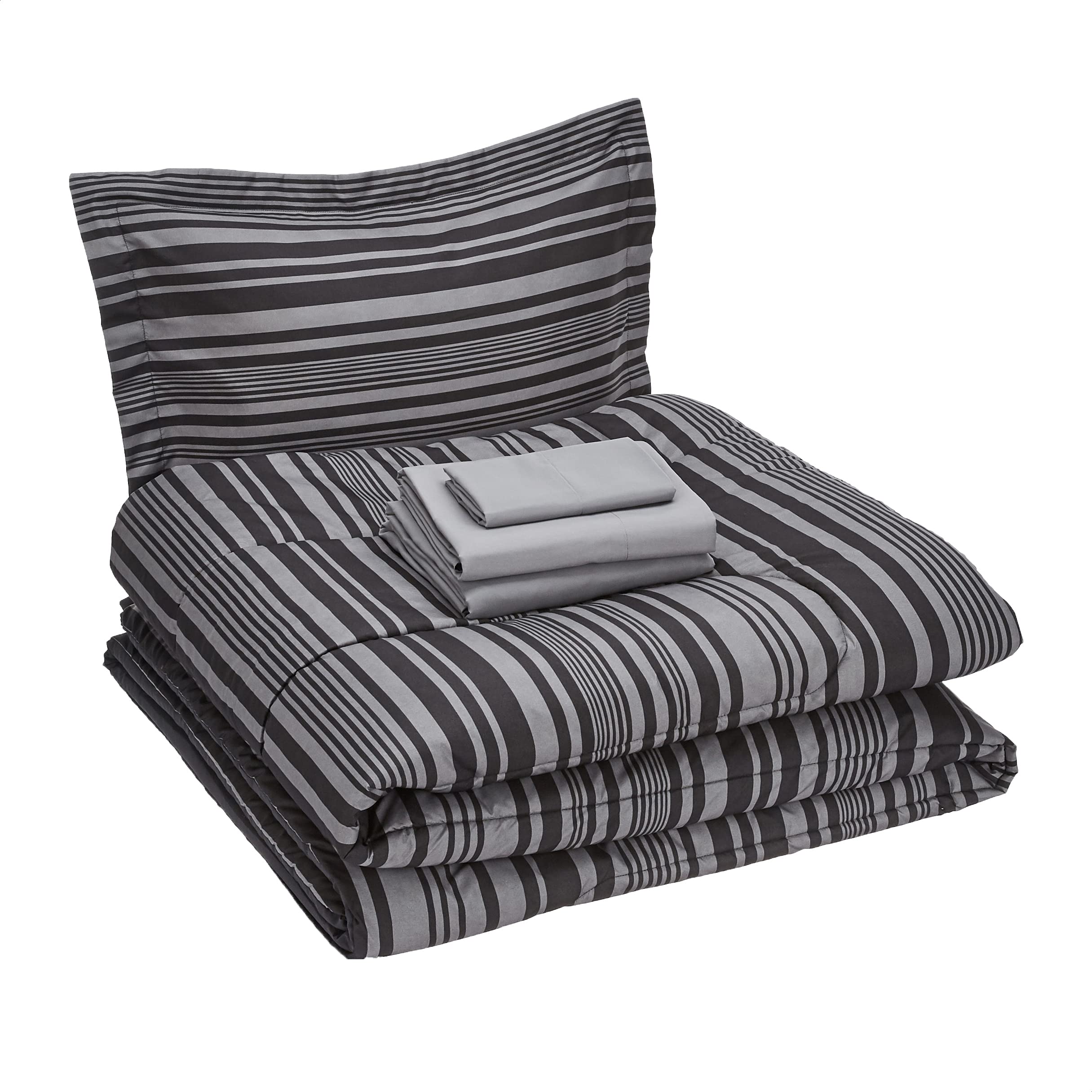Amazon Basics 5-Piece Lightweight Microfiber Comforter Set with Sheets ,Bed-in-a-Bag Sheets, Gray Calvin Striped Bedding, Twin/Twin XL