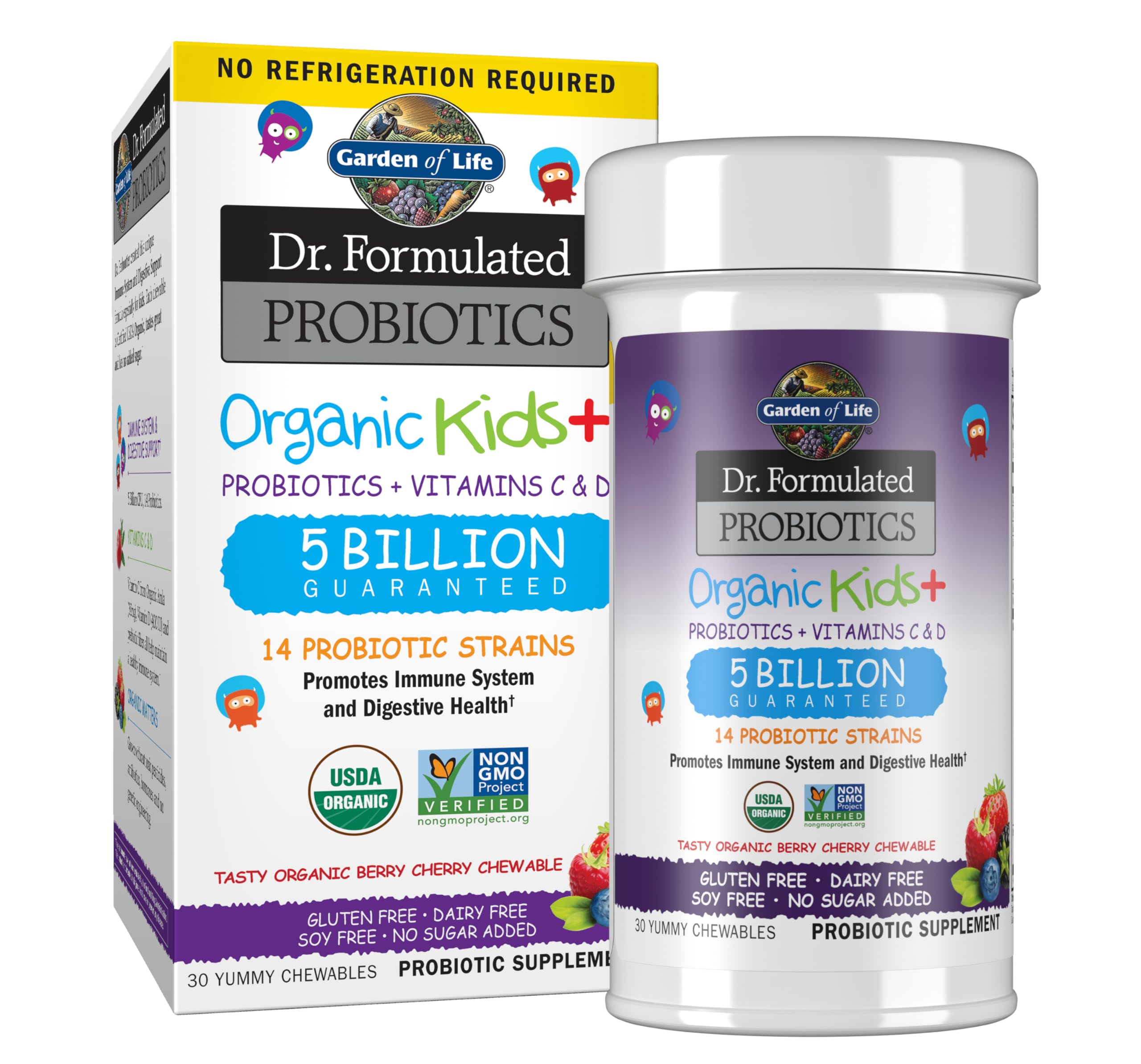 Garden of Life Kids Probiotics, Dr. Formulated Probiotics Organic Kids+ Vitamin C & D, Berry Cherry, Gluten Dairy & Soy Free Immune & Digestive Health Supplement, 30 Chewables (Shelf Stable)