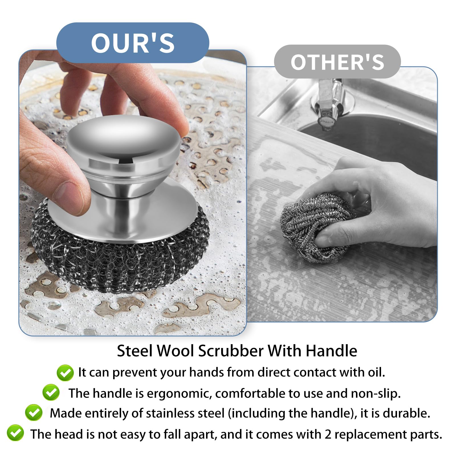 Onewly 2Pack Steel Wool Scrubber Set, Stainless Steel Scrubber with Stainless Steel Handle, for Cleaning Dishes, Cast Iron, Stock Pots, Pans, Griddles, Grills