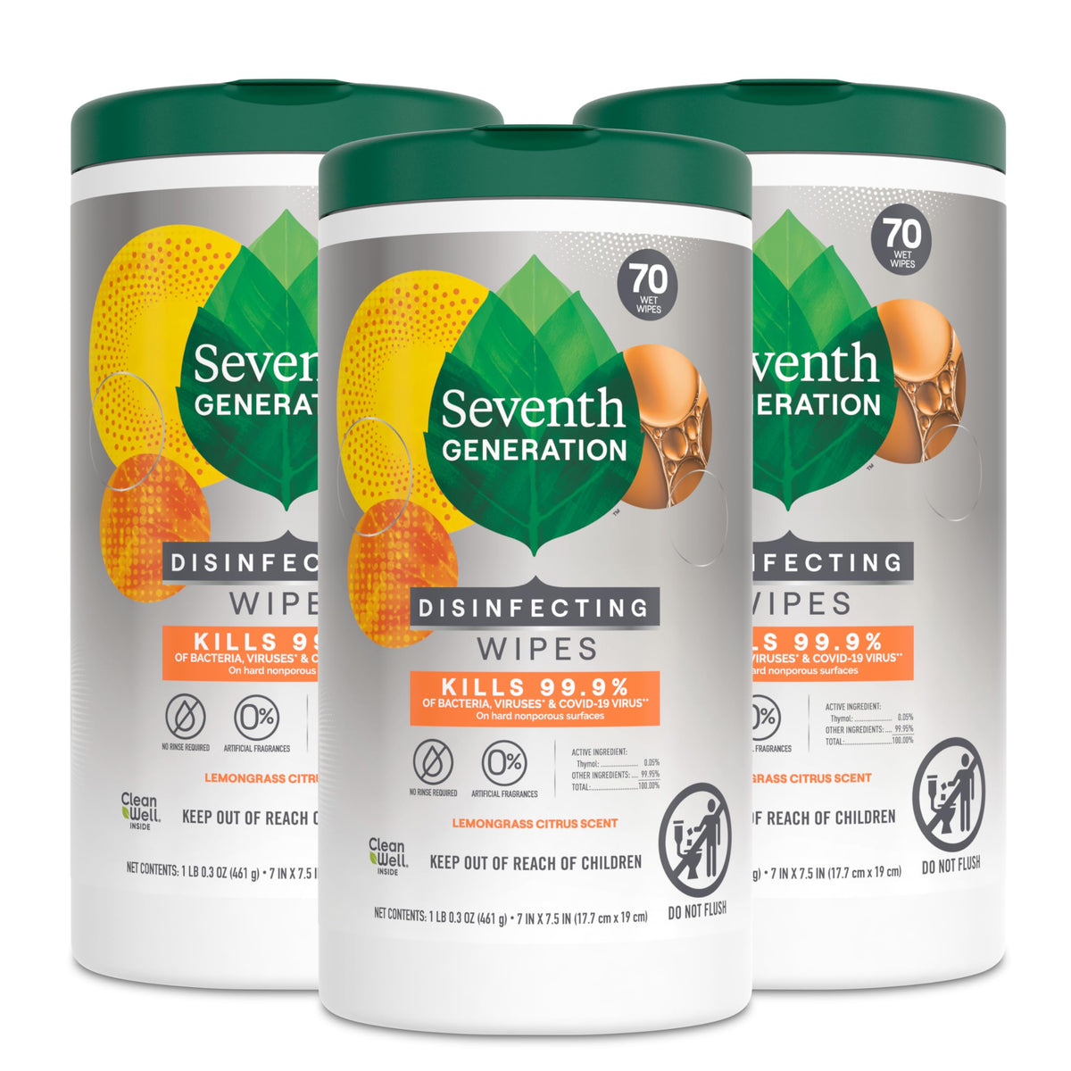 Seventh Generation Desinfektionstücher für mehrere Oberflächen, Zitronengras-Zitrusduft, 70 Stück, 3er-Pack (Verpackung kann abweichen)