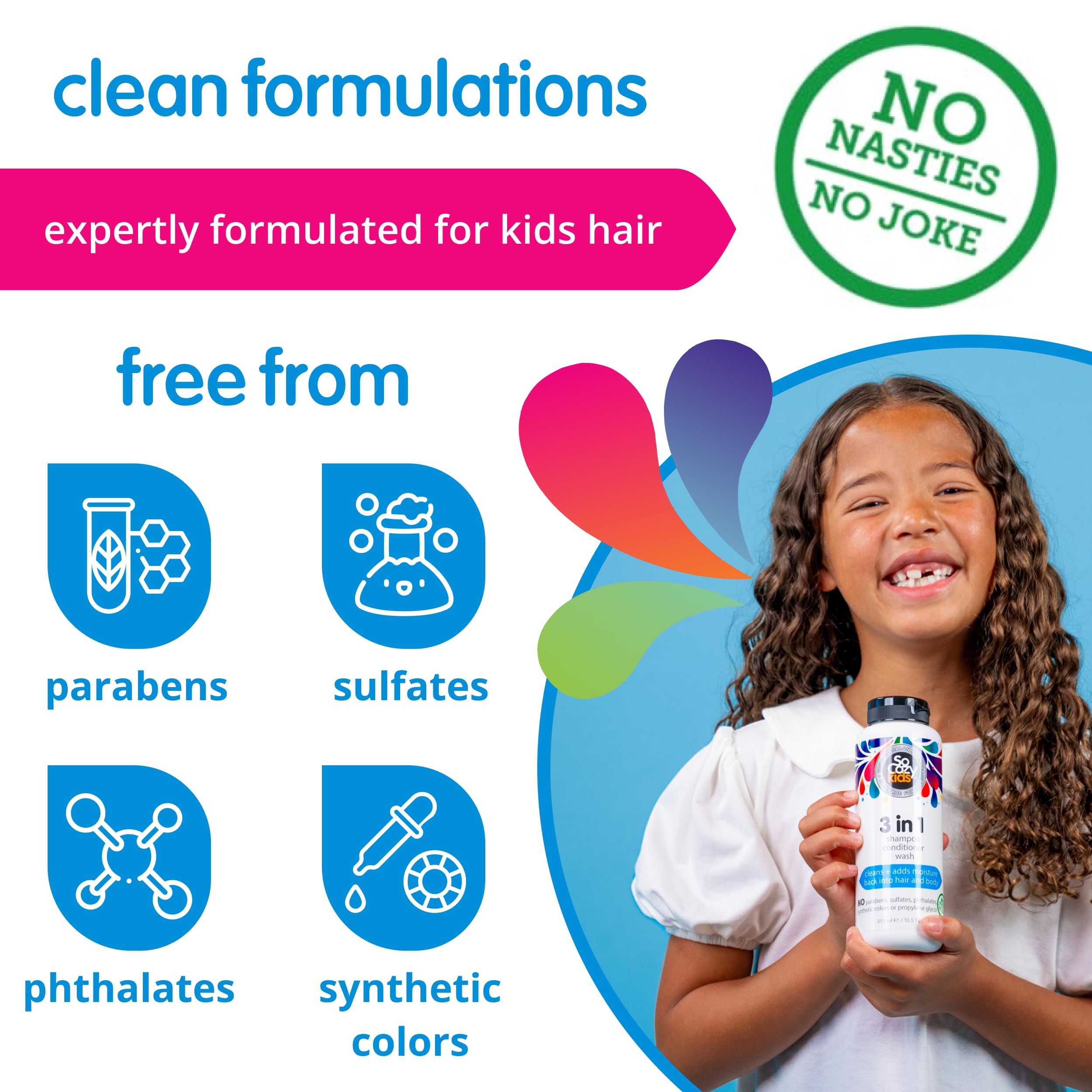 SoCozy 3 in 1 Kids Shampoo + Conditioner + Body Wash (16 Fl Oz) Gentle, Hydrating Hair & Body Cleanser with Keratin, Vitamin B5, & Kiwi Extract, Paraben & Sulfate-Free