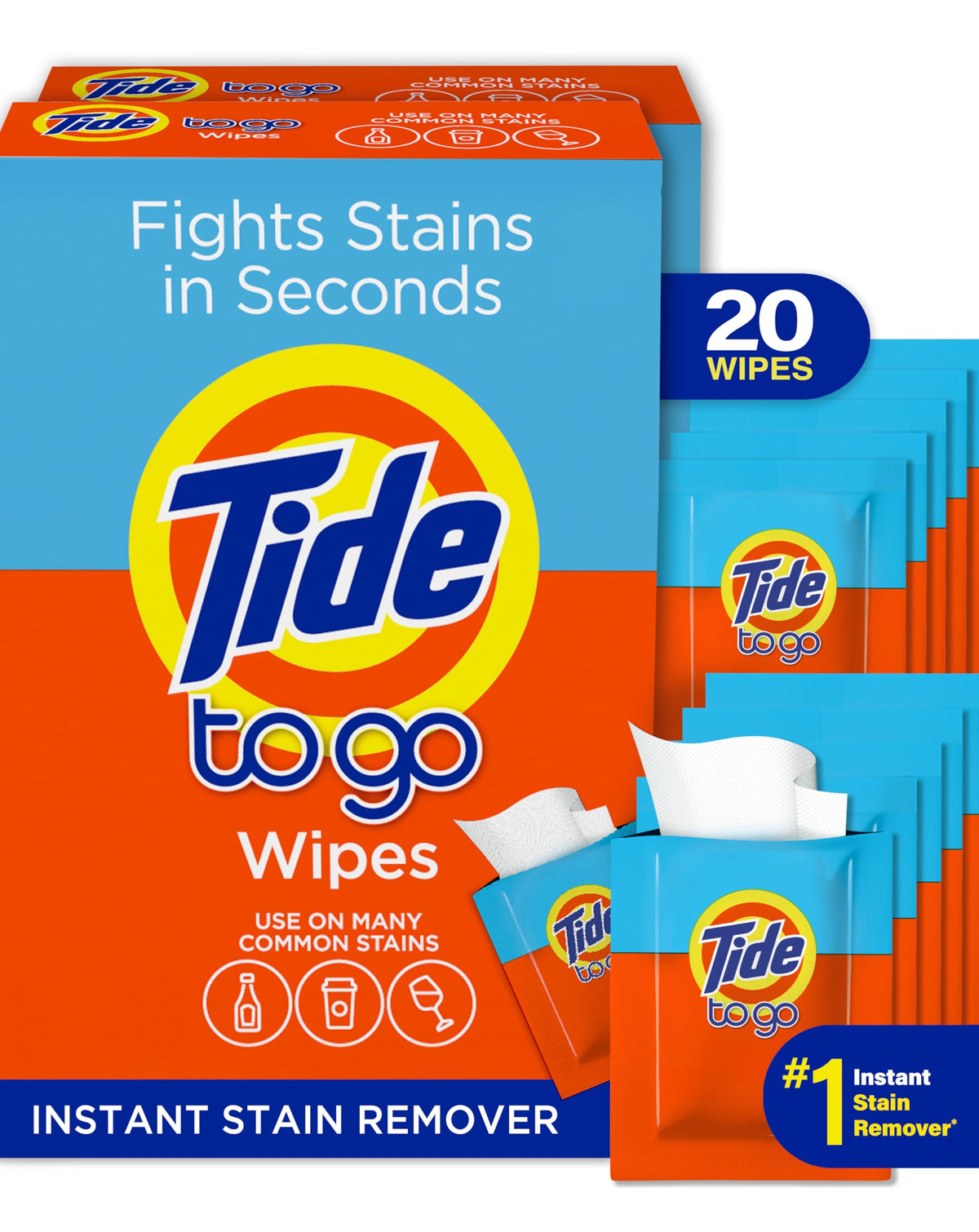 Tide مزيل بقع للملابس، مناديل Tide To Go، مزيل بقع فوري للملابس، حجم مناسب للسفر والجيب، 20 قطعة
