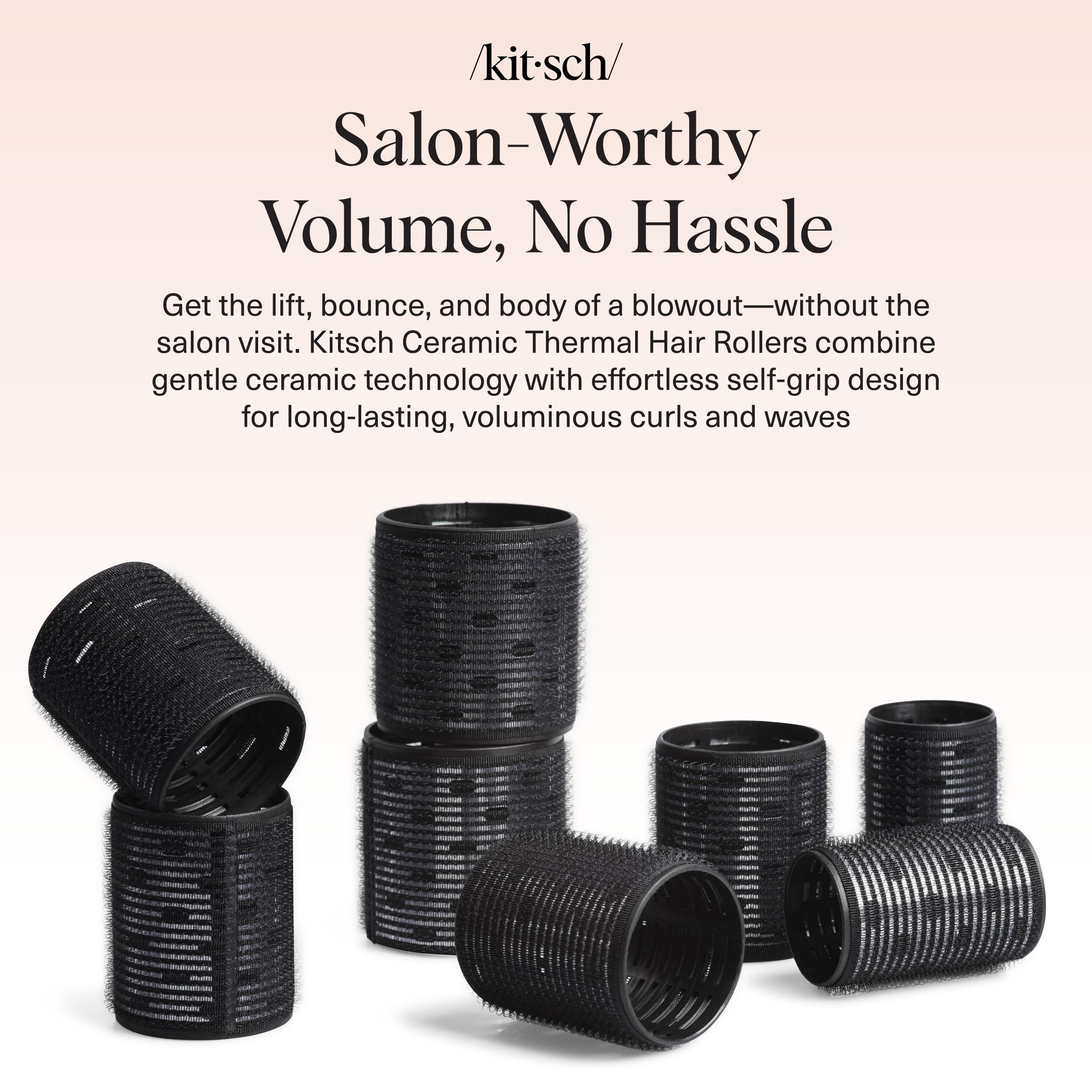 Kitsch Ceramic Thermal Hair Rollers for Women – Self Grip Hair Curlers for Heatless Curls Overnight - Volumizing Large Rollers for Short & Long Hair - For Long Lasting Frizz-Free Curls - Black, 8pcs