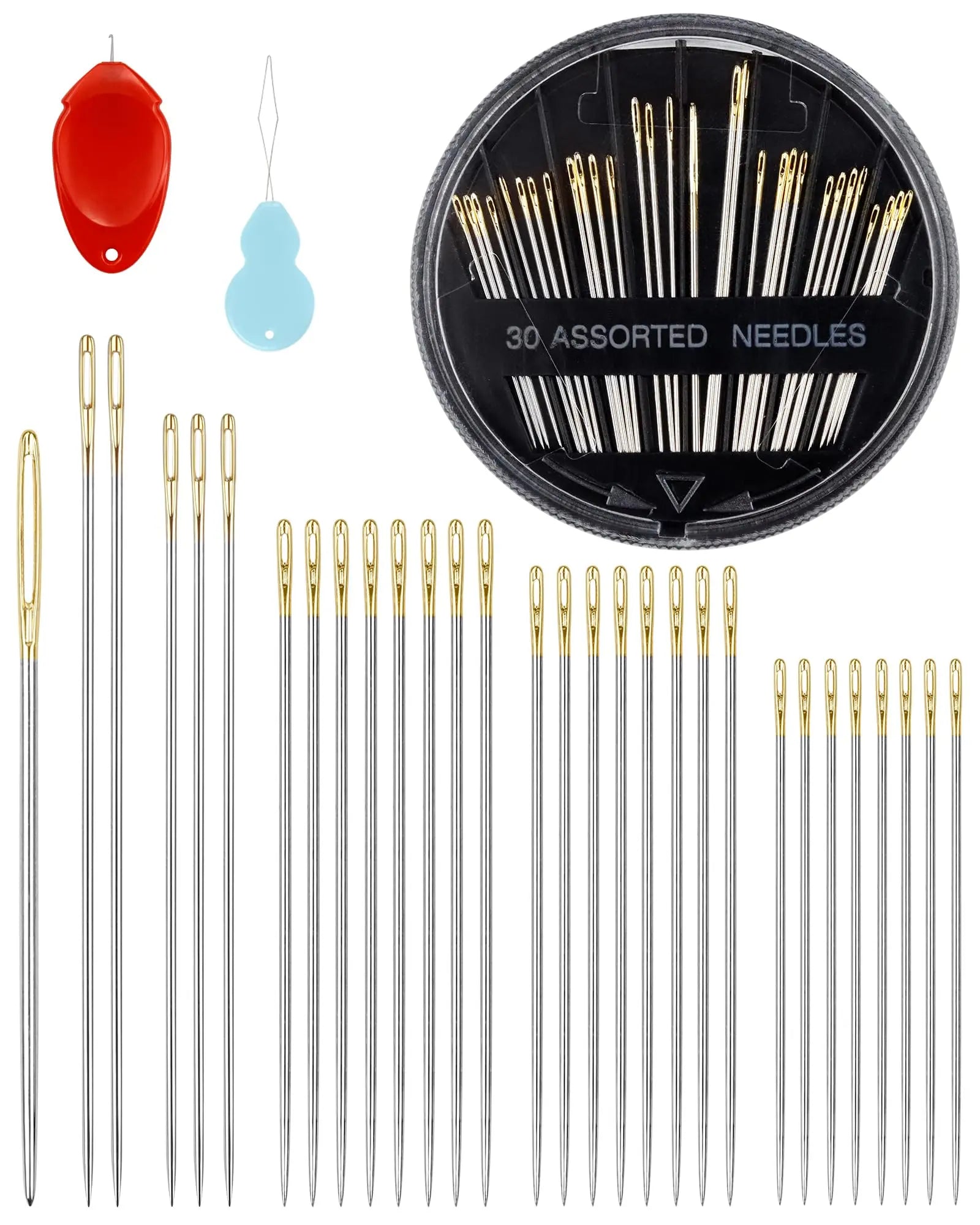 FIVEIZERO 30-Count Premium Hand Sewing Needles, 6 Sizes Embroidery Needles Kit with Threaders for Hand Sewing Crafts,Large Eye Sewing Needle Kit for Art and Craft Projects
