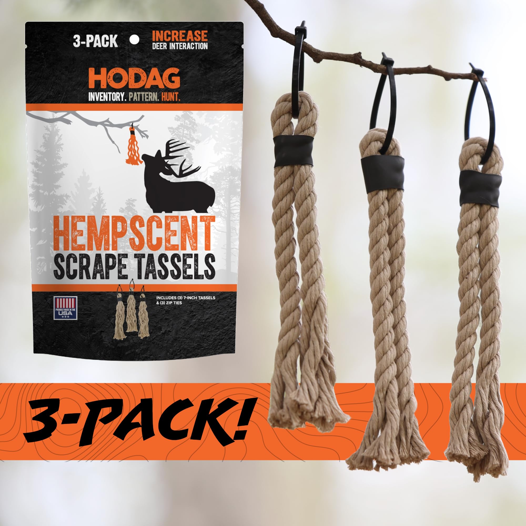 HODAG HempScent Scrape Tassels Scent Wicks for Deer Hunting – Effective Whitetail Attractant & Lure – Apply Buck or Doe Urine, Estrus for Mock Scrapes - Super Absorbent Rope Blend for Hunters (3-Pack)