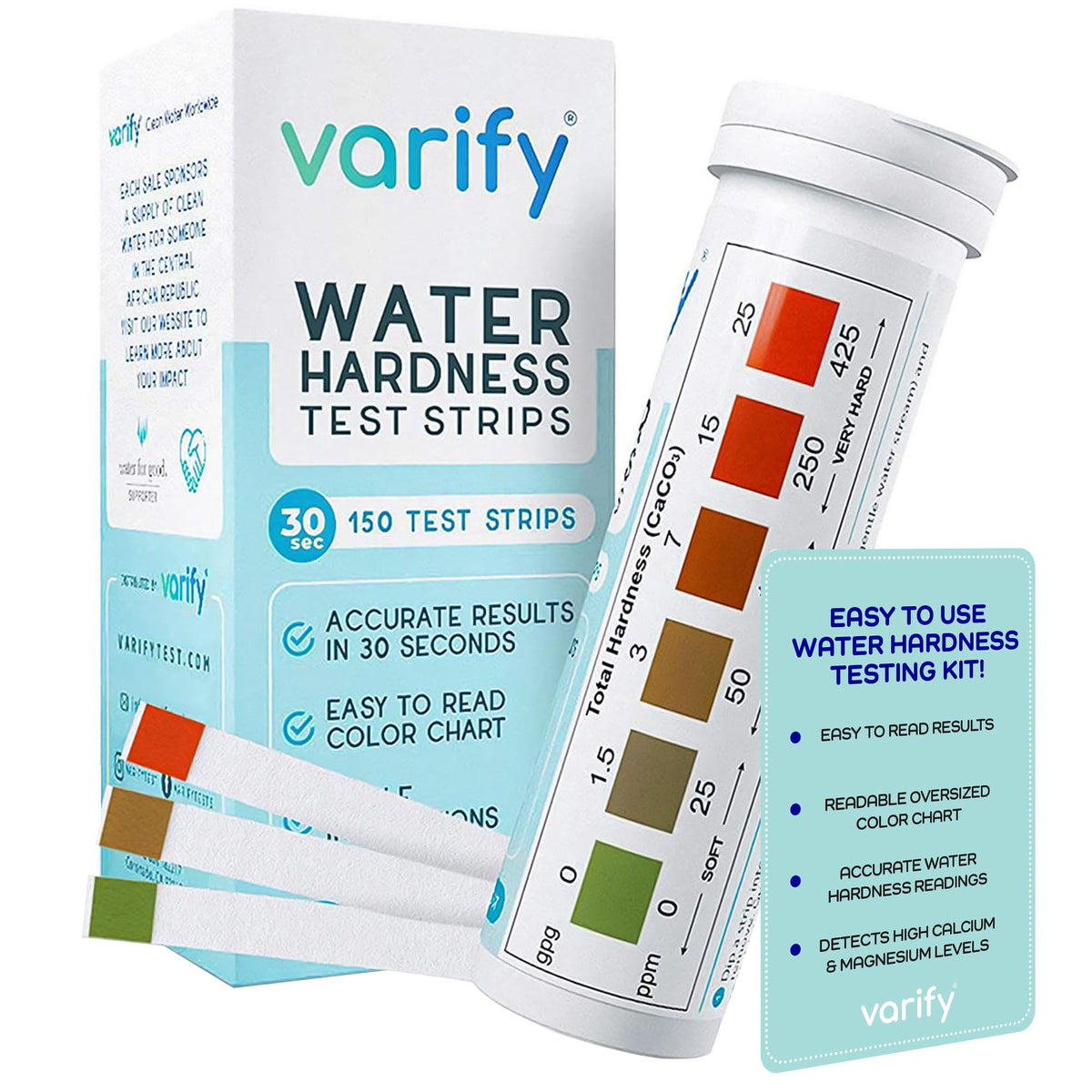 Varify Wasserhärte-Testkit – Wassertest-Kit für Zuhause, Trinkwasser, Brunnenwasser, Spa, Schwimmbad, Enthärter, Geschirrspüler & mehr – Härtegrad-Teststreifen für Kalzium, Magnesium usw. (0–425 ppm, 150 Streifen)