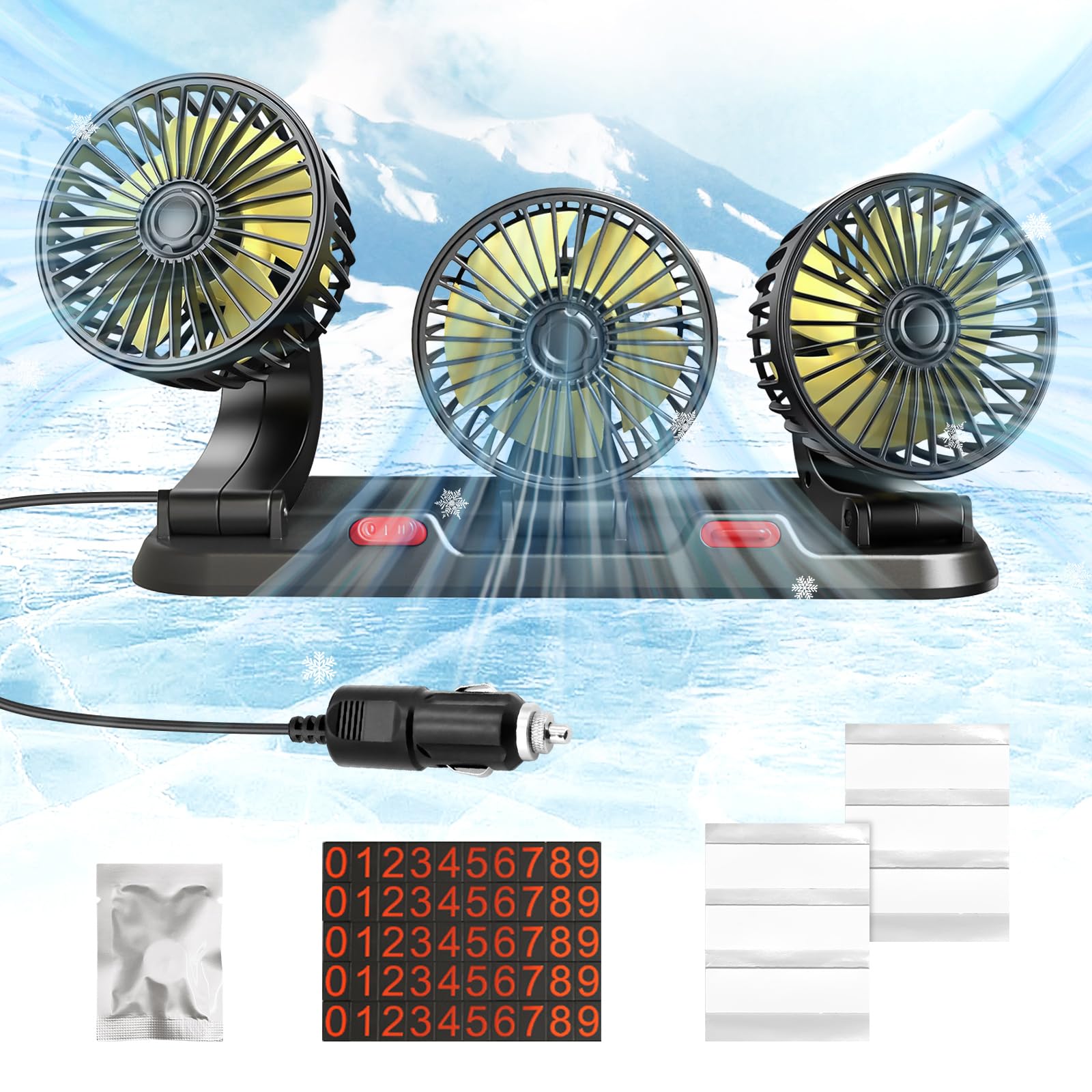 Portable 3-Head Car Cooling Fan - 2-Speed Adjustable, 360 degrees Rotating, Cigarette Lighter Plug, Powerful Airflow for Vehicles, RVs, and SUVs