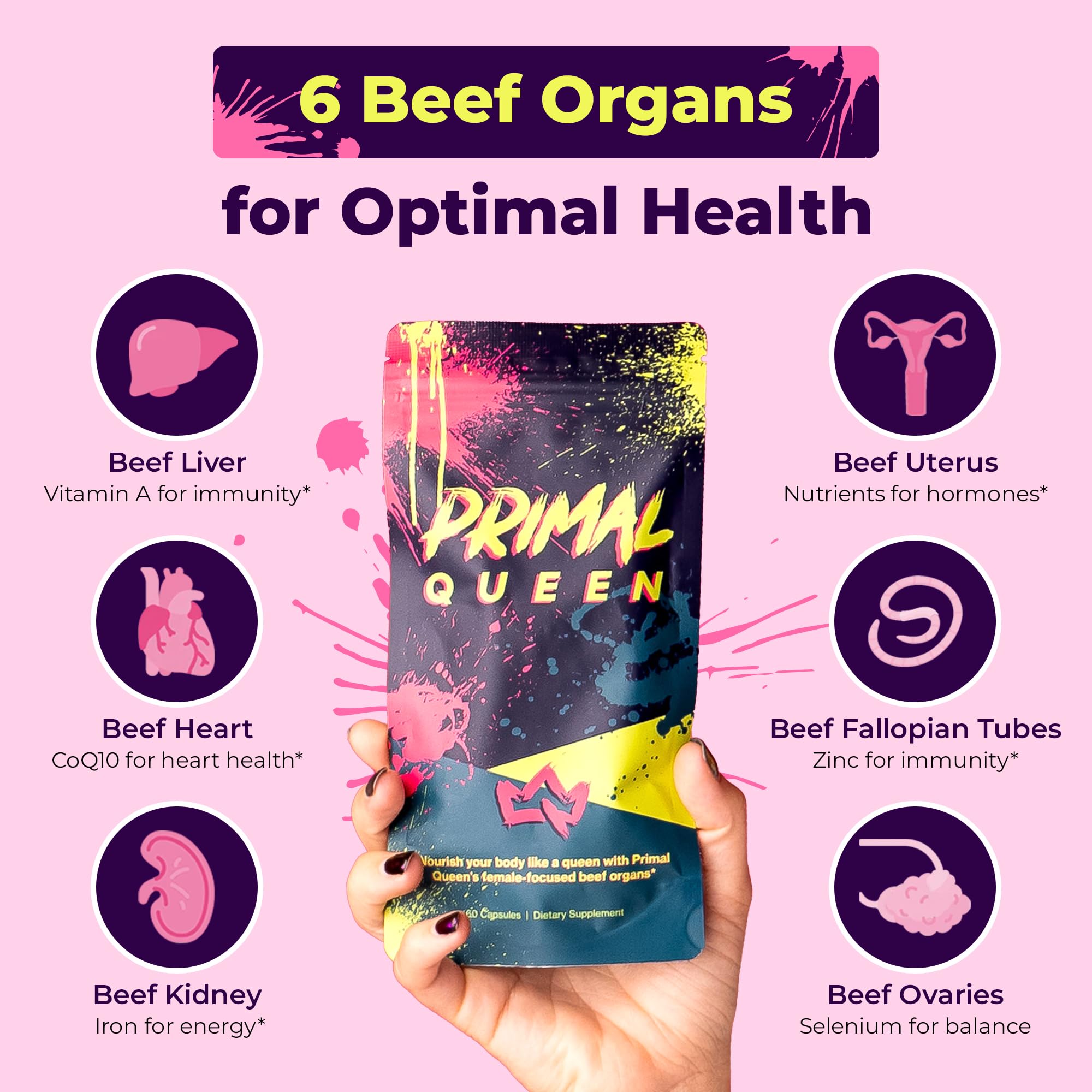 Primal Queen Female-Optimized Beef Organ Superfood Supplement (Beef Liver, Kidney, Heart, & 3 More) - 100% Grass Fed, Pasture Raised Cattle - Balance Hormones, Energy, & More for Women