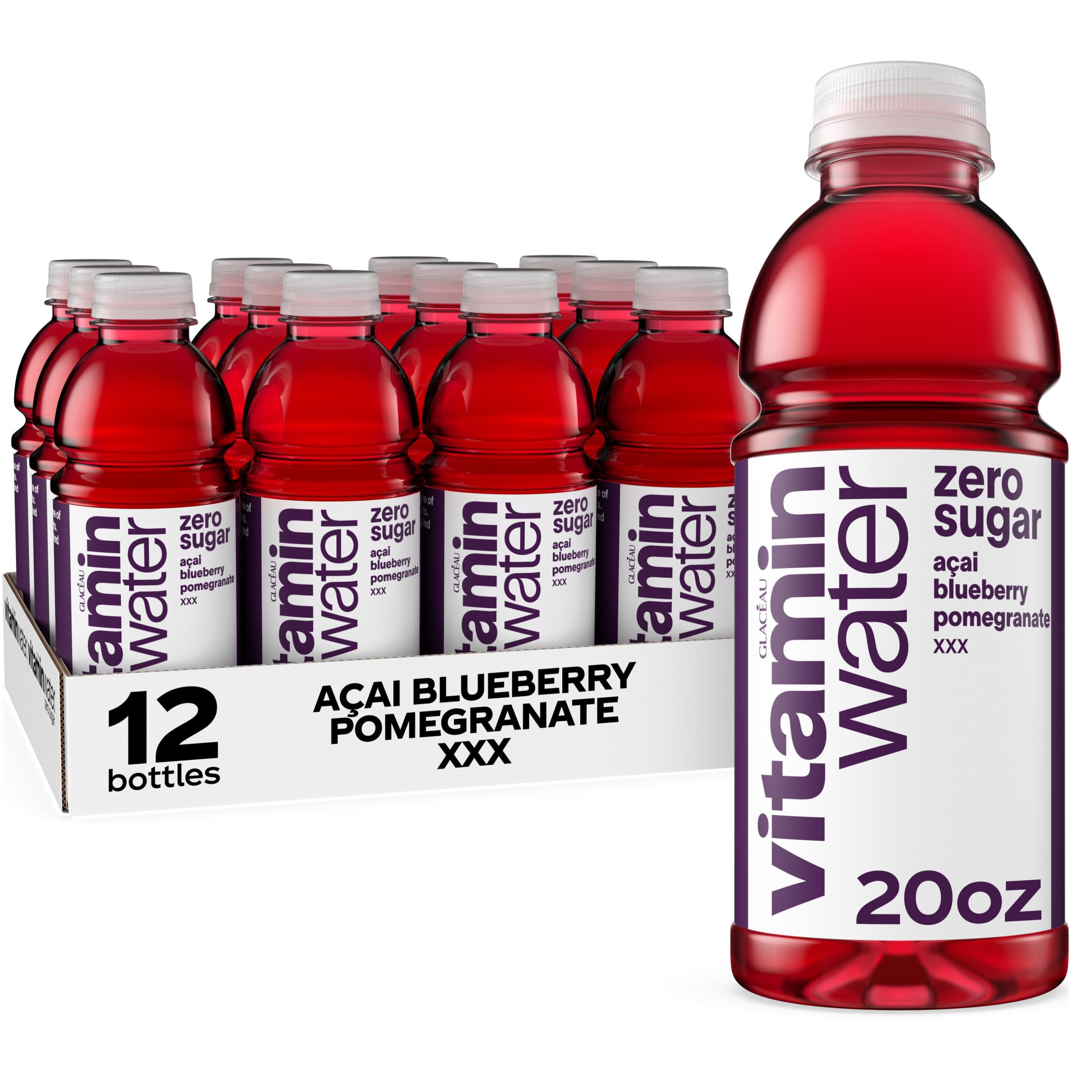 vitaminwater XXX Acai-Blueberry-Pomegranate Zero Sugar, Flavored Water Beverage, 20 fl oz Bottles, 12 Pack