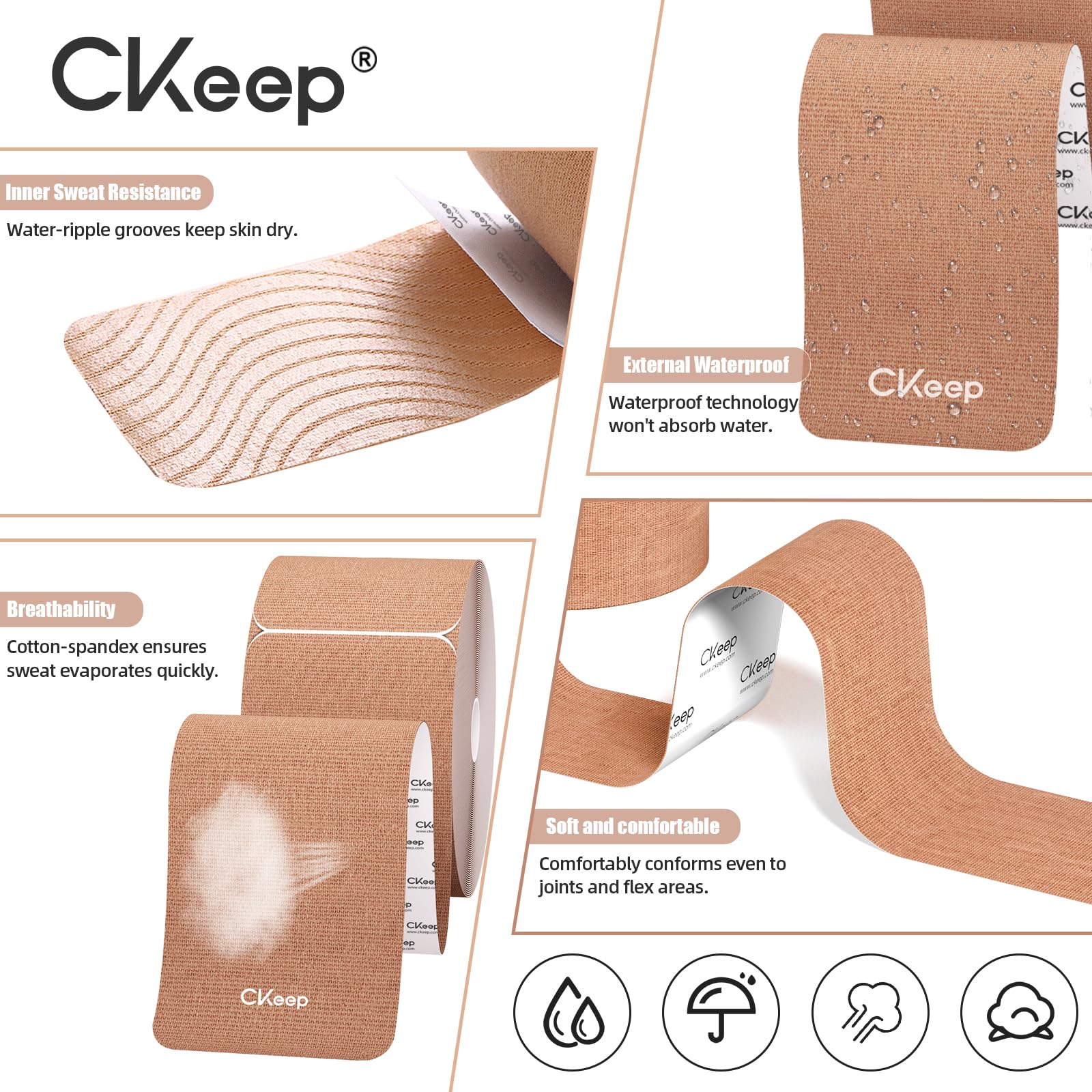 CKeep 4 Rolls Kinesiology Tape, Original Cotton Elastic Athletic Tape, 20 Precut 10" Strips Each, Beige, Ideal for Muscle Support & Injury Prevention