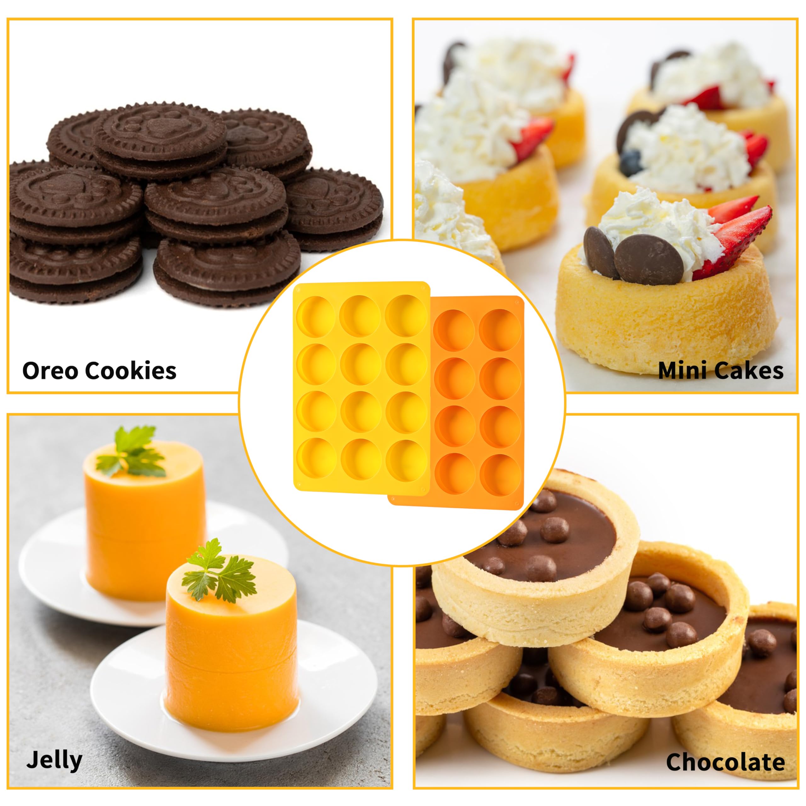 2 Pcs Oreo Chocolate Cookie Silicone Molds, 12-Cavity Round Silicone Mold, Baking Mold for Oreo, Chocolate, Cookie, Candy, Mini Cake, Jelly (Orange + Yellow)