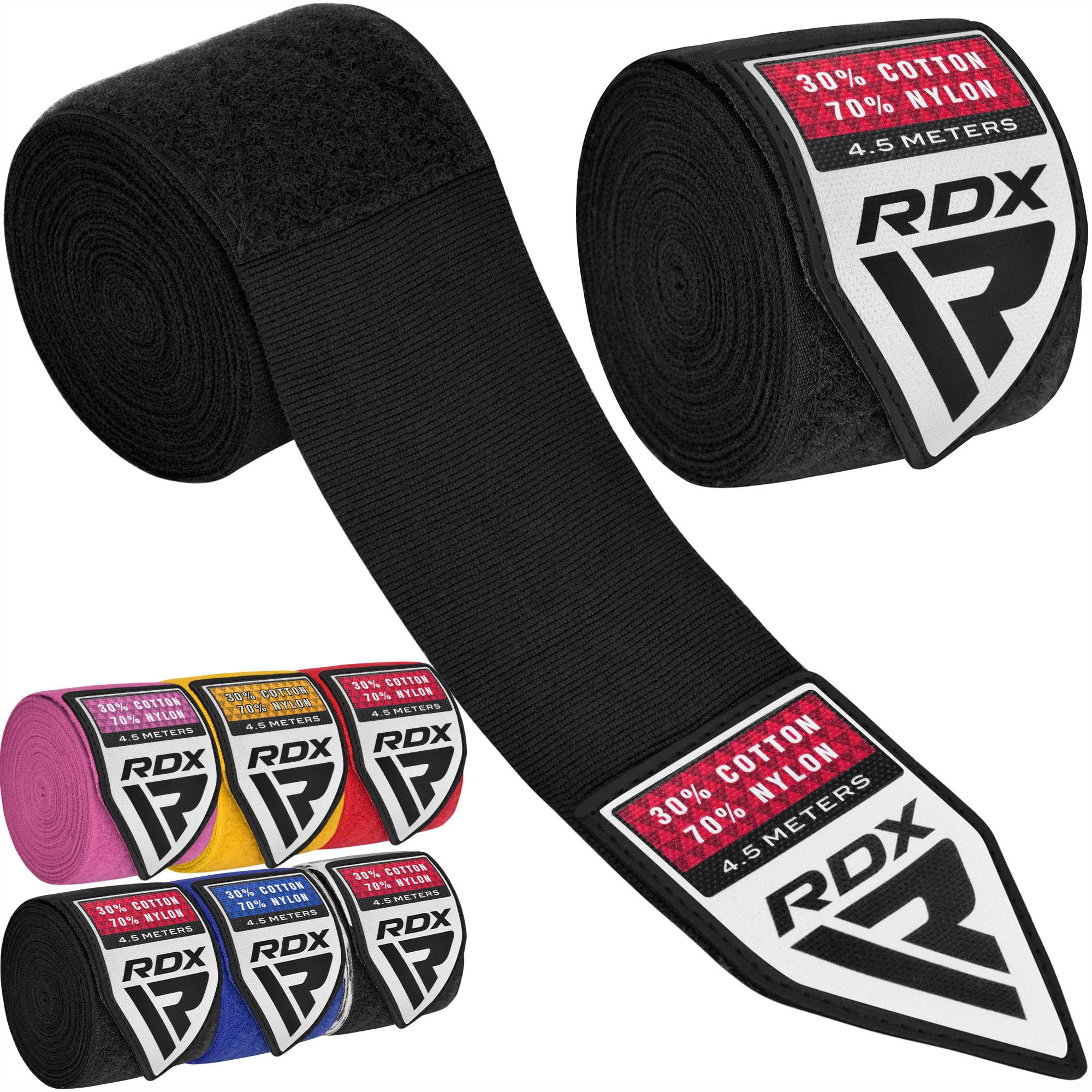 RDX Boxing Hand Wraps 4.5M / 180 Inches - Mexican Style Semi-Elastic MMA Inner Gloves - Wrist Support for Muay Thai, Kickboxing, BJJ, Karate - Thumb Loop & Hook and Loop Closure - Cotton & Nylon Blend