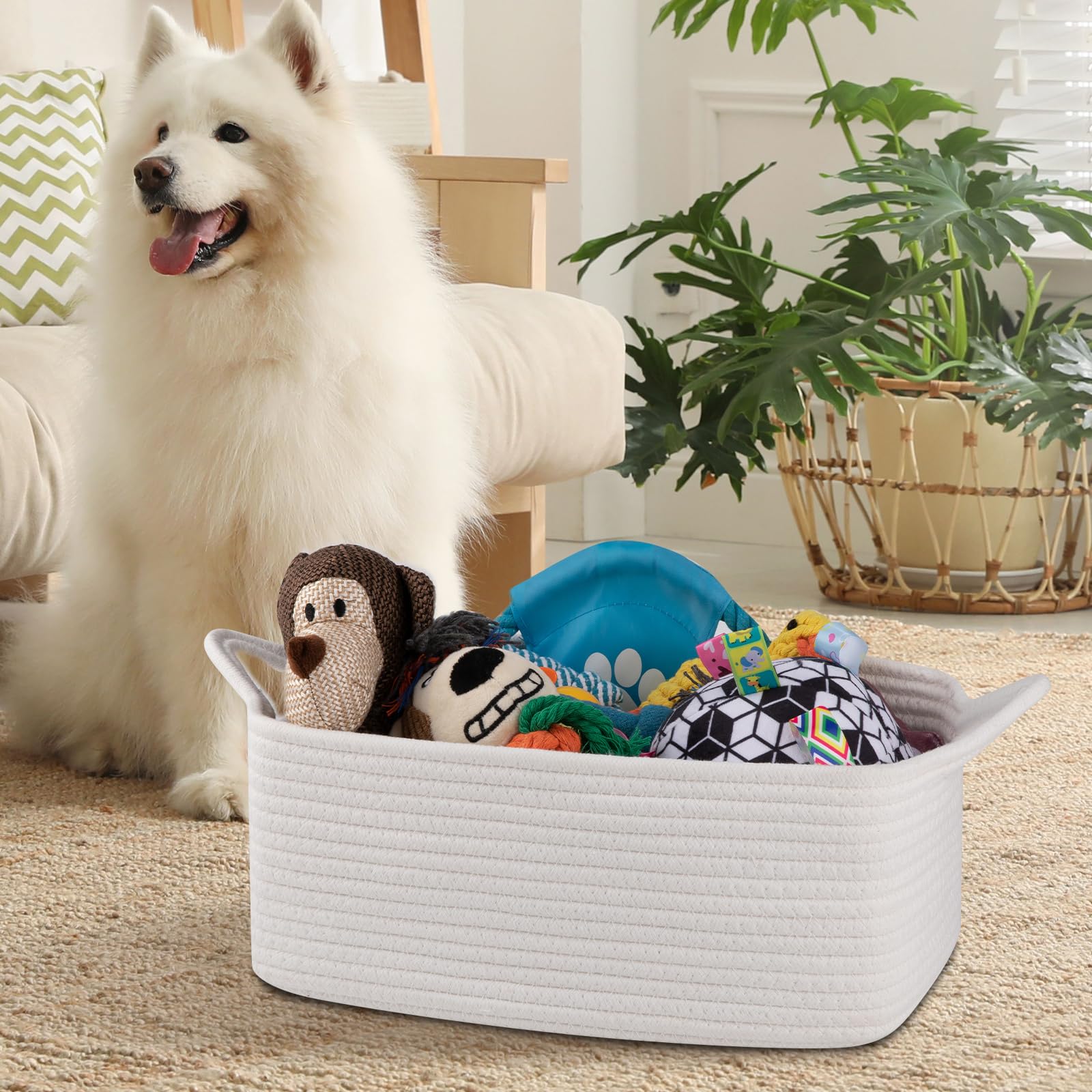OIAHOMY Woven Basket, Gift Basket Empty with Gift Bags and Ribbons, Rope Baskets for Baby Showers,Halloween, Storage Baskets with Handles for Nursery, Pet Toy Organizer - White