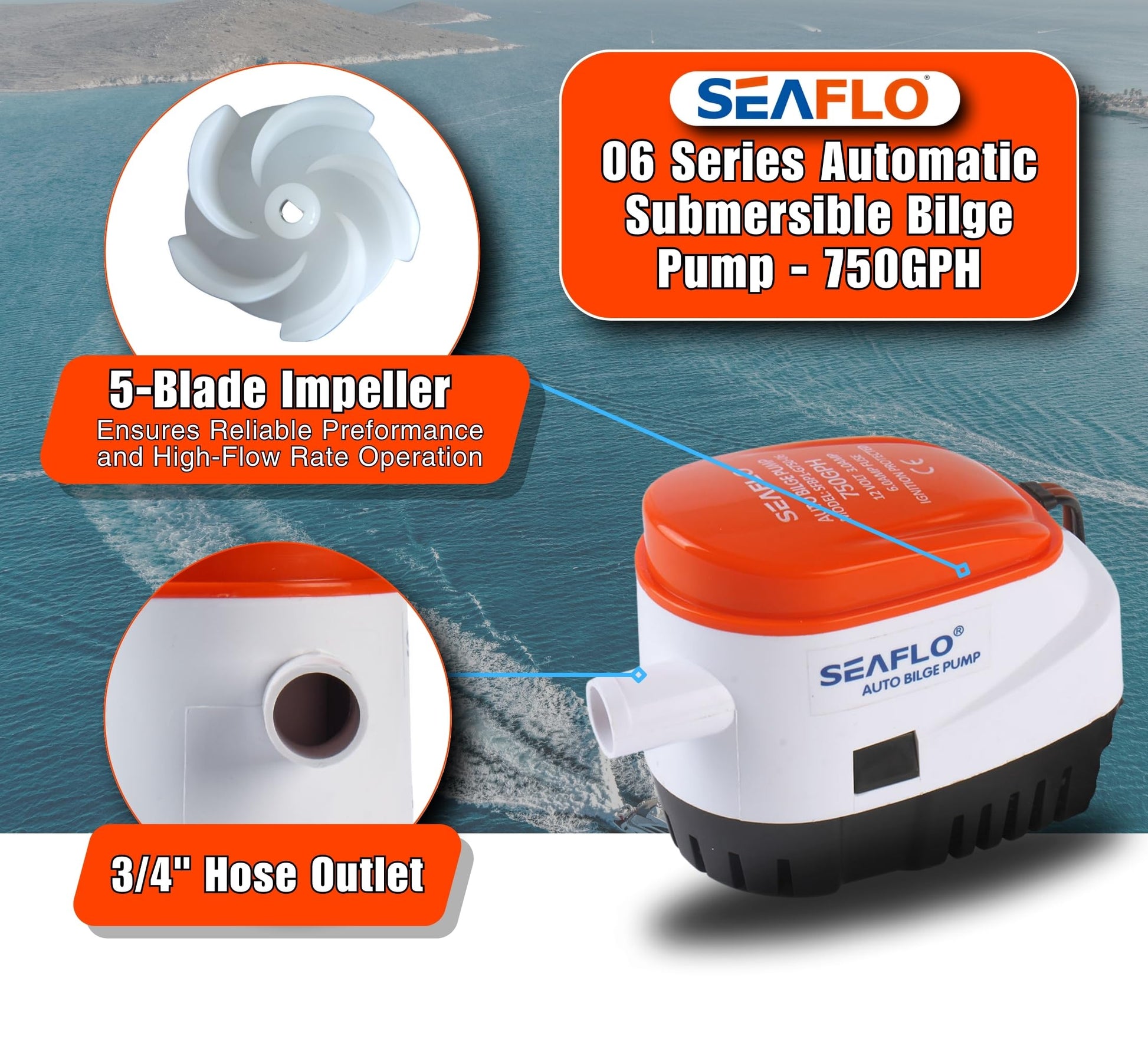 SEAFLO 06 Series Automatic Submersible Bilge Pump - 750GPH, 12V, 3/4" Outlet, 4-Year Warranty! All-in-One Pump and Float Switch, Snap-Off Strainer, Compact for Marine Boat Yacht, CE Rohs Certified