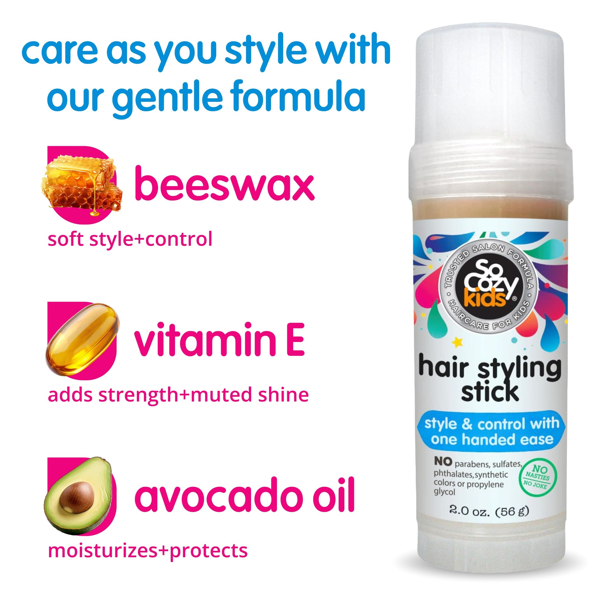 So Cozy Kids Hair Wax Stick, Easy & Quick Styling Wax Stick for Hair (2 Oz) Flyaway Hair Tamer, Slick Back & Shape with Precision, No Parabens, Sulfates, Synthetic Colors or Dyes