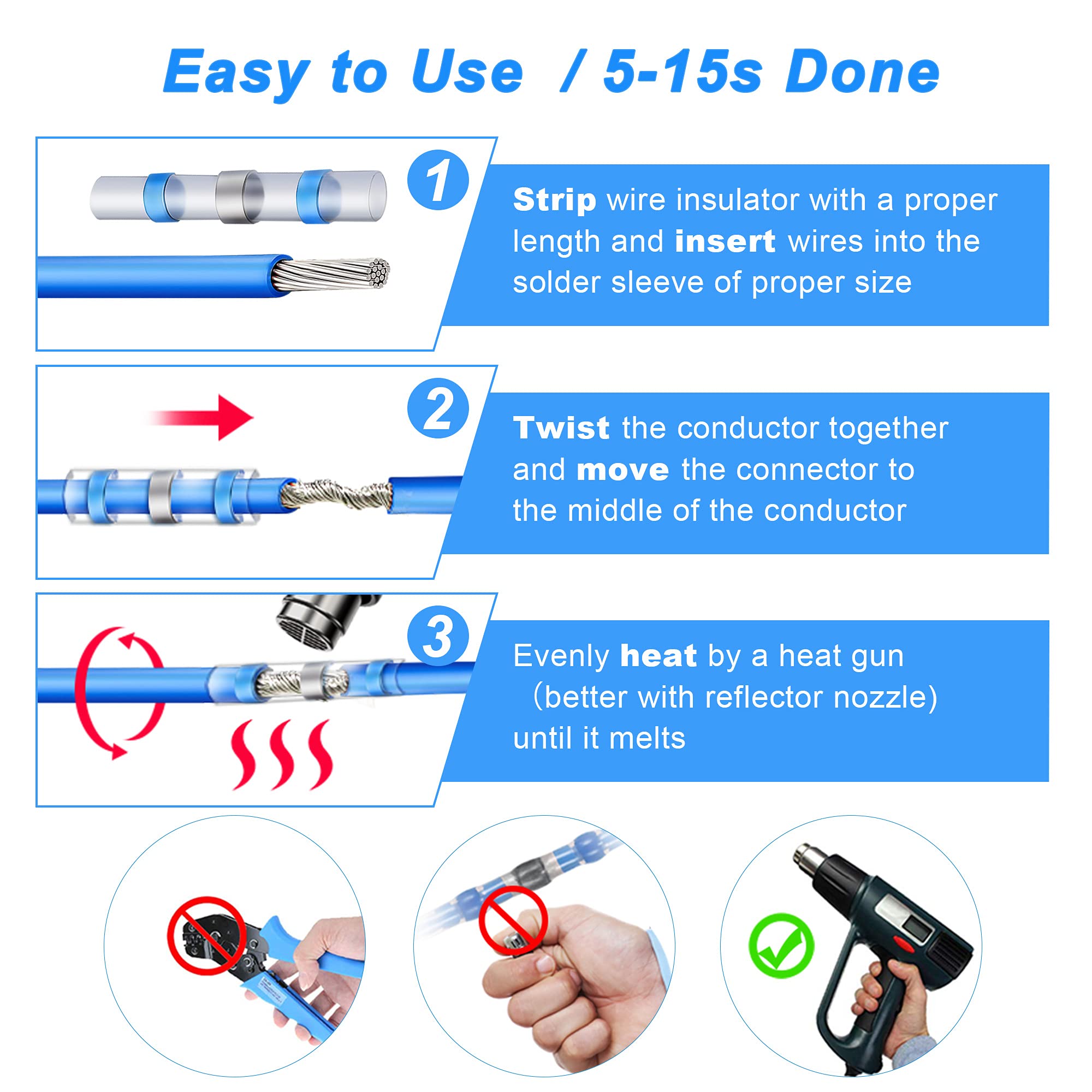 Kuject Heat Shrink Solder Seal Wire Connectors Kit 120PCS, Waterproof Butt Connector Heat Shrink Electrical Terminals, Insulated Solderless Wiring Splice Connectors for Marine Automotive Boat Truck