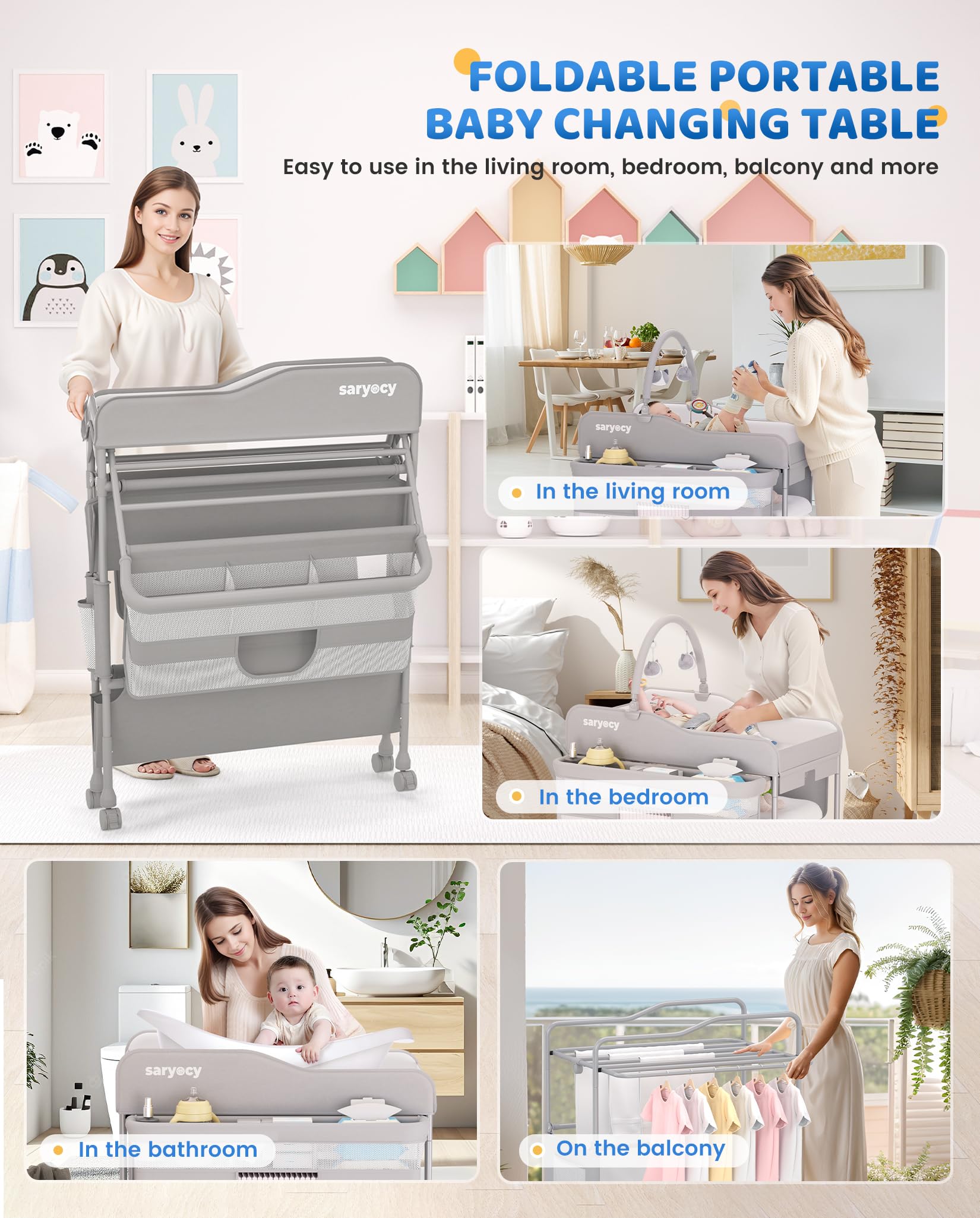 Saryocy Baby Changing Table, Versatile Folding Changing Table, Waterproof Diaper Changing Station, Adjustable Height with 2 Drawers,Baby Changing Station, Mobile Nursery for Infant and Newborn