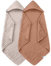 SWEET DOLPHIN Musselin Kapuzen-Badetücher für Babys – 2er-Pack 100 % Baumwolle Handtuch für Babys, Säuglinge, Kleinkinder – 81x81cm – sehr saugfähig und Neugeborenen-Grundausstattung, Hellbohnenpaste