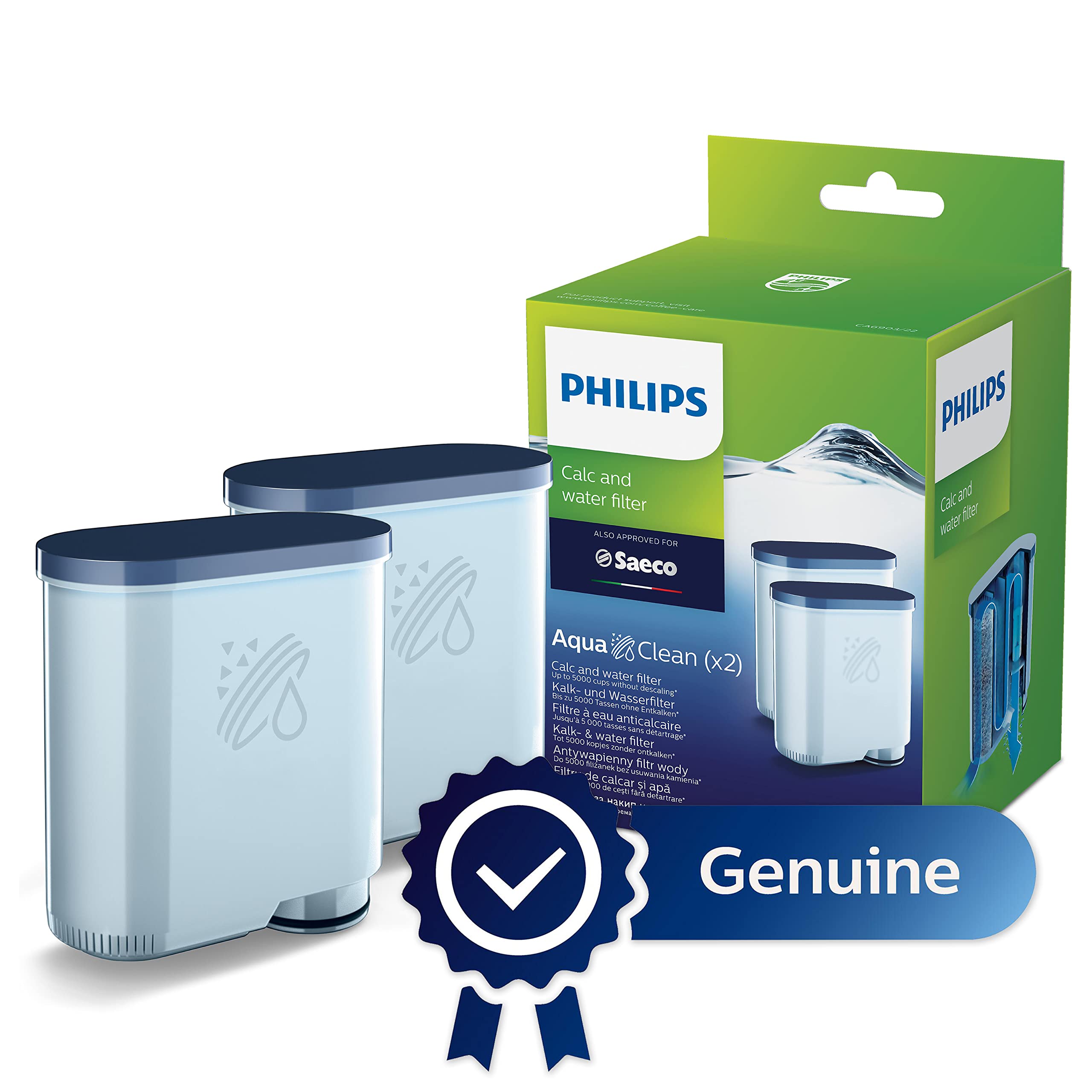 PHILIPS AquaClean Original Calc and Water Filter, No Descaling up to 5,000 cups, Reduces Formation of Limescale, 2 AquaClean Filters, (CA6903/22)