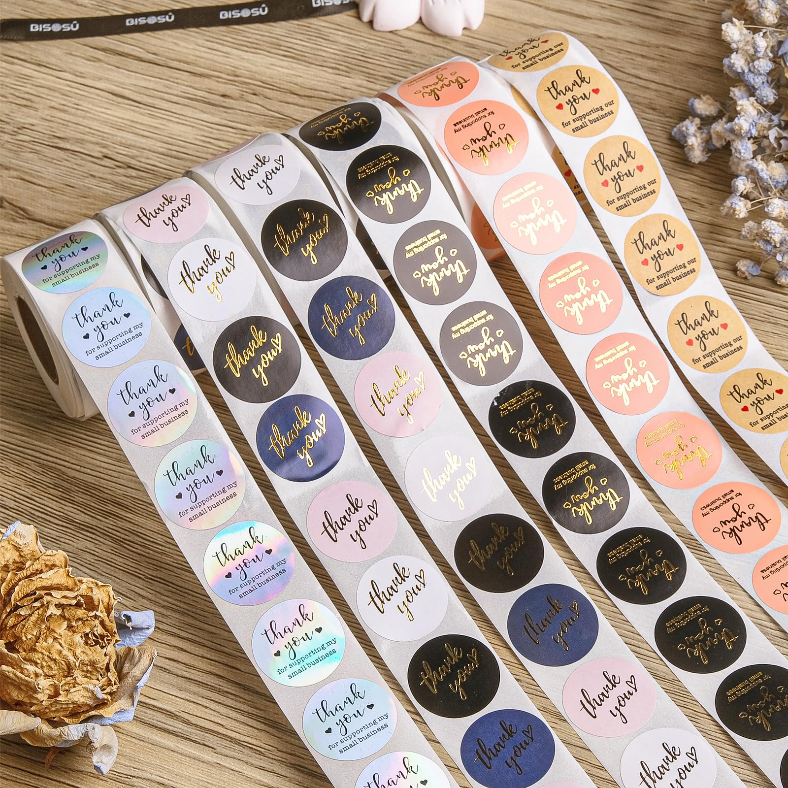 Thank You Stickers Small Business - 6 Rolls 3000 Pieces Thank You for Supporting My Small Business Stickers Labels for Envelopes, Bubble Mailers and Gift Bags Packaging, 1 Inch，500 Pieces Each Roll