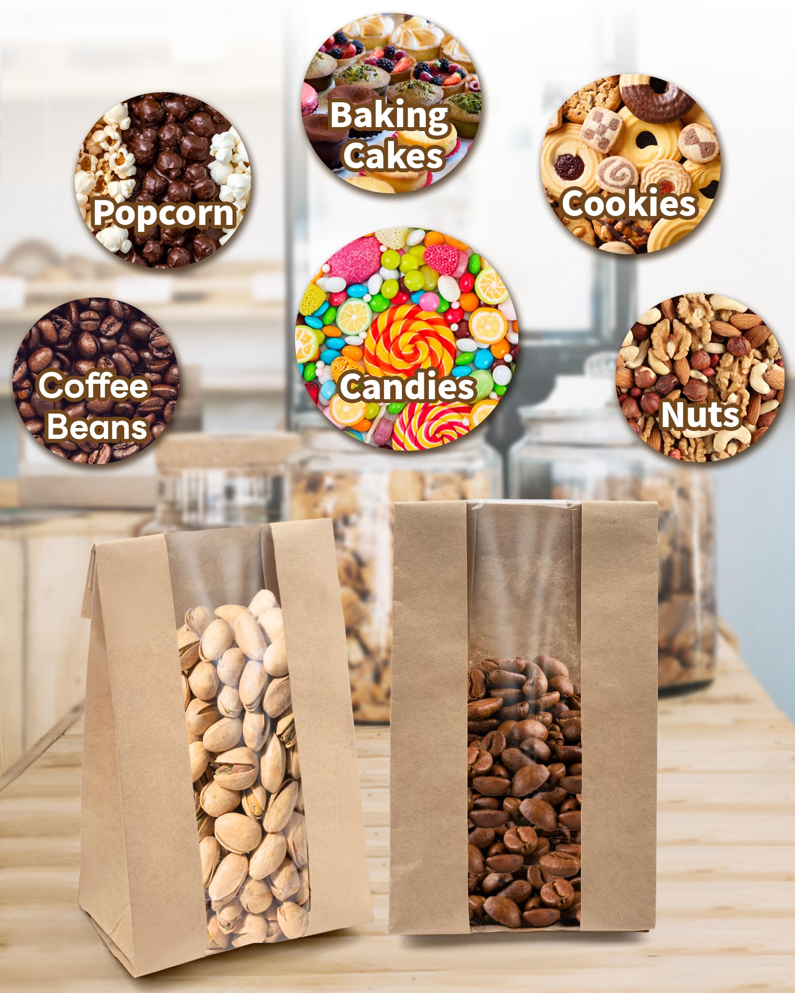 50 PCS Cookie Bags with Seal, Kraft Brown Paper Bags with Stickers, Bakery Bag for Snack, Cupcake, Coffee Bean, Party Favor, Cookie Packaging, 3.5"x 2.3"x7.5"