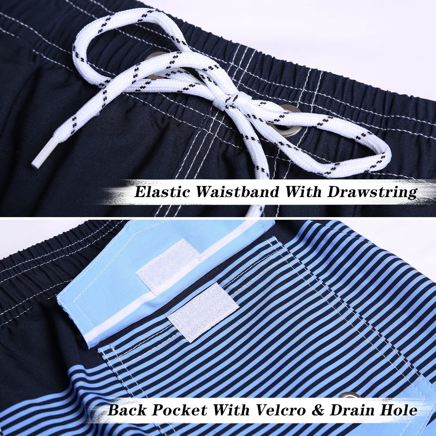 ELETOP Men's Swim Trunks Quick Dry Bathing Suit Swimming Board Shorts Mesh Lining Beach Swimwear Stripe Blue L