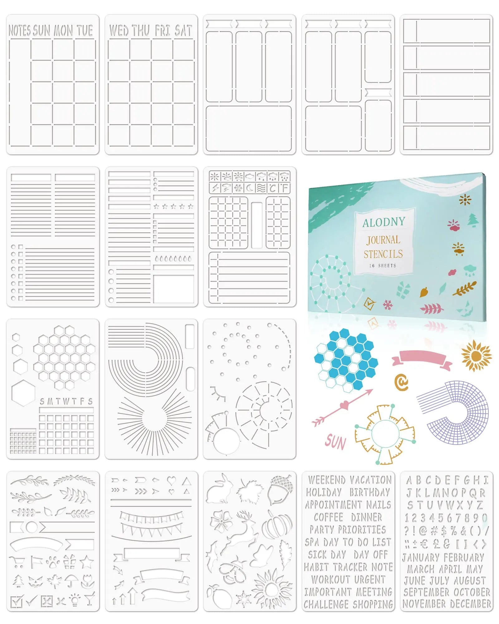 ALODNY 16 Pcs Journal Stencils Set - Time Saving Bullet Journaling Supplies/Accessories Kit -Ultimate Productivity Planner Stencil for Bullet Journal Stencils A5 Dotted Journals