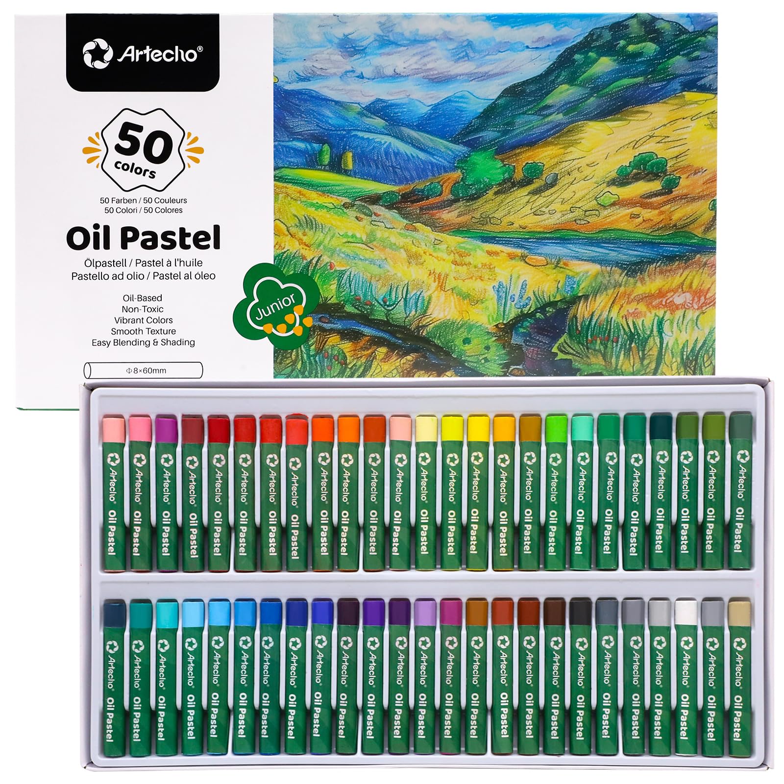 Artecho Oil Pastels Set of 50 Colors (8 x 60 mm), Soft Oil Pastels for Art Painting, Drawing, Blending, Art Supplies for Artists, Beginners, Students, Teachers