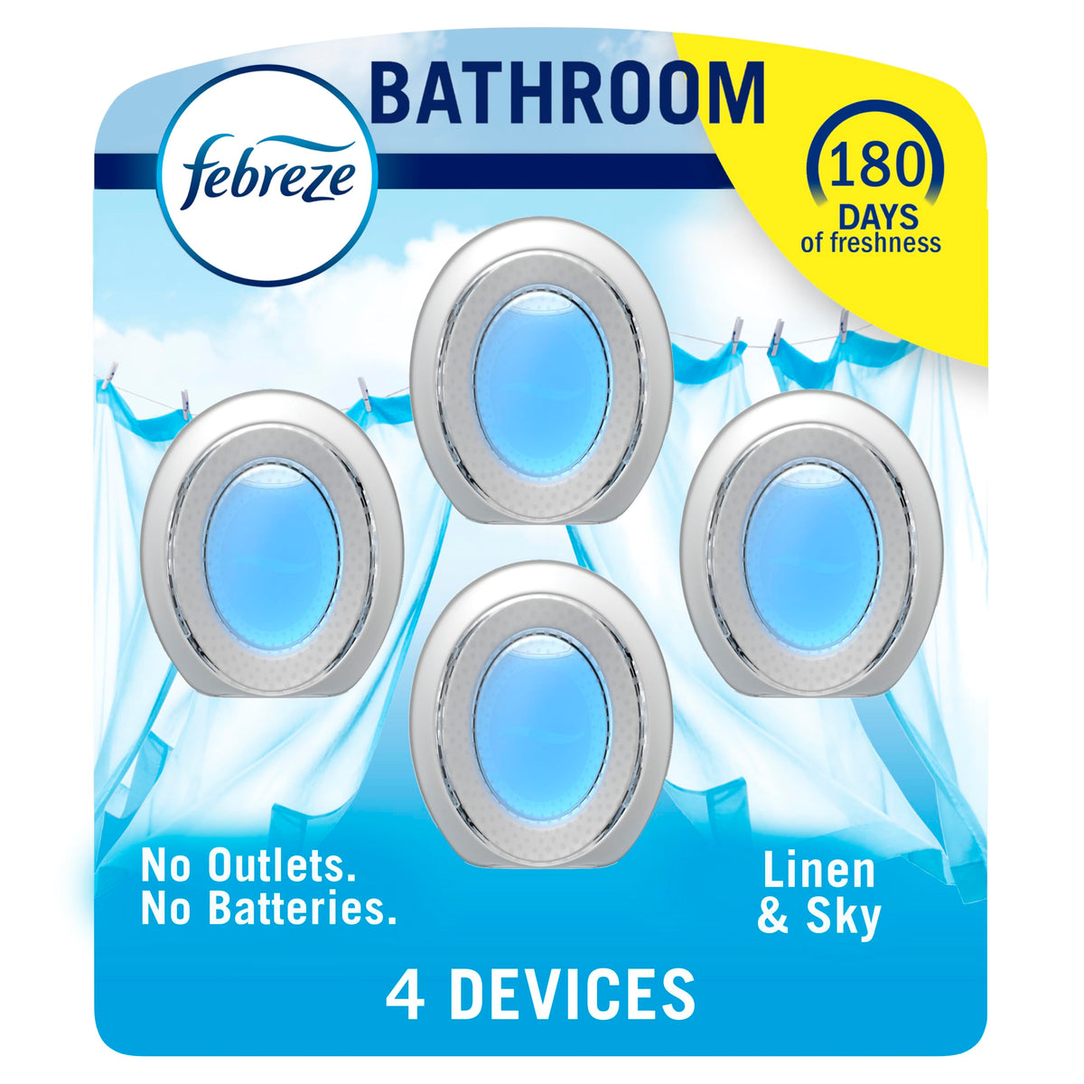 Febreze Bathroom Air Freshener, Odor-Fighting, Plug In Alternative, Air Fresheners for Home and Bathroom and Kitchen, Closet Air Fresheners, Linen & Sky Scent, 4 Count