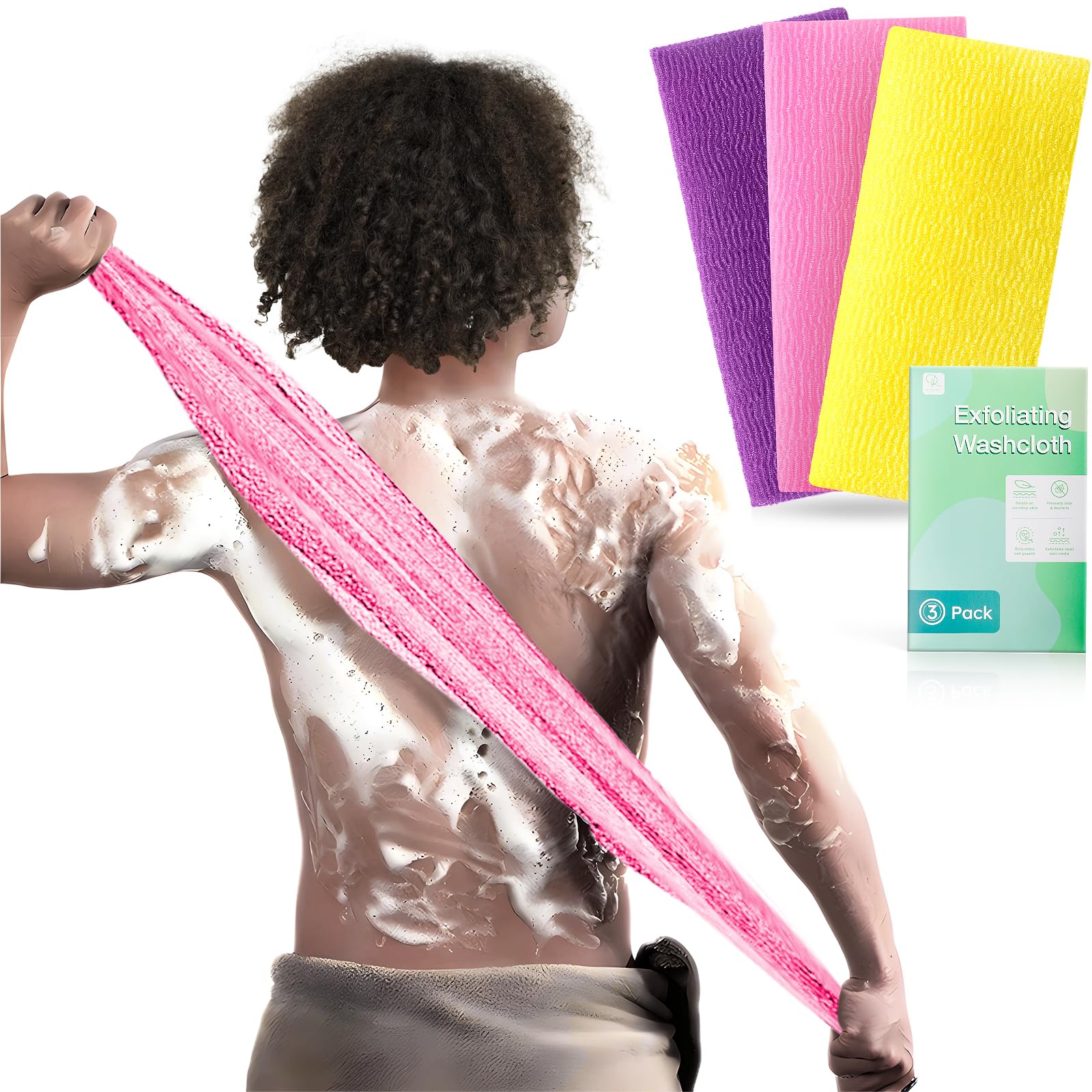 RIUOTA 3 Pieces Exfoliating Washcloth Shower Towel African Net Sponge Japanese Wash Cloth Face Exfoliating Sponge Loofah Exfoliating Body Scrubber for Body Exfoliation