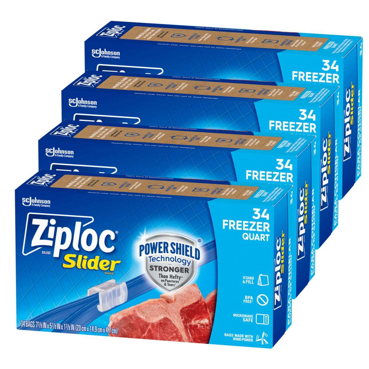 Ziploc Gefrierbeutel mit Schiebeverschluss, Quart-Größe, Power Shield Technologie für mehr Haltbarkeit, 34 Stück, 4er-Pack, insgesamt 136 Stück (Verpackung kann variieren)